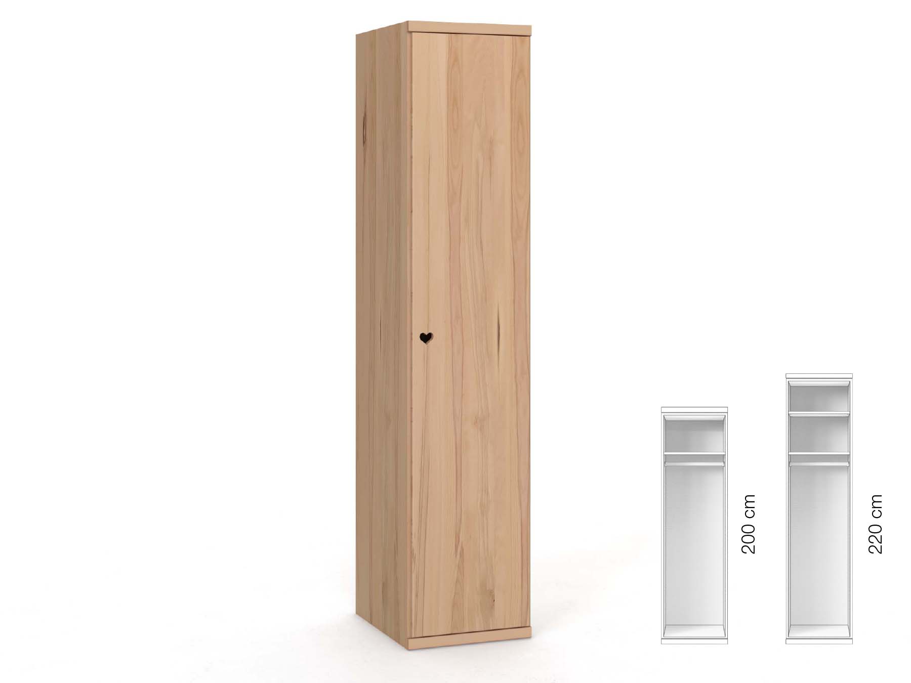 Buchenschrank „Romana“, 1-türig, Höhe 220 cm, Griffausführung „Heidi“, Inneneinrichtung: A, Türanschlag rechts