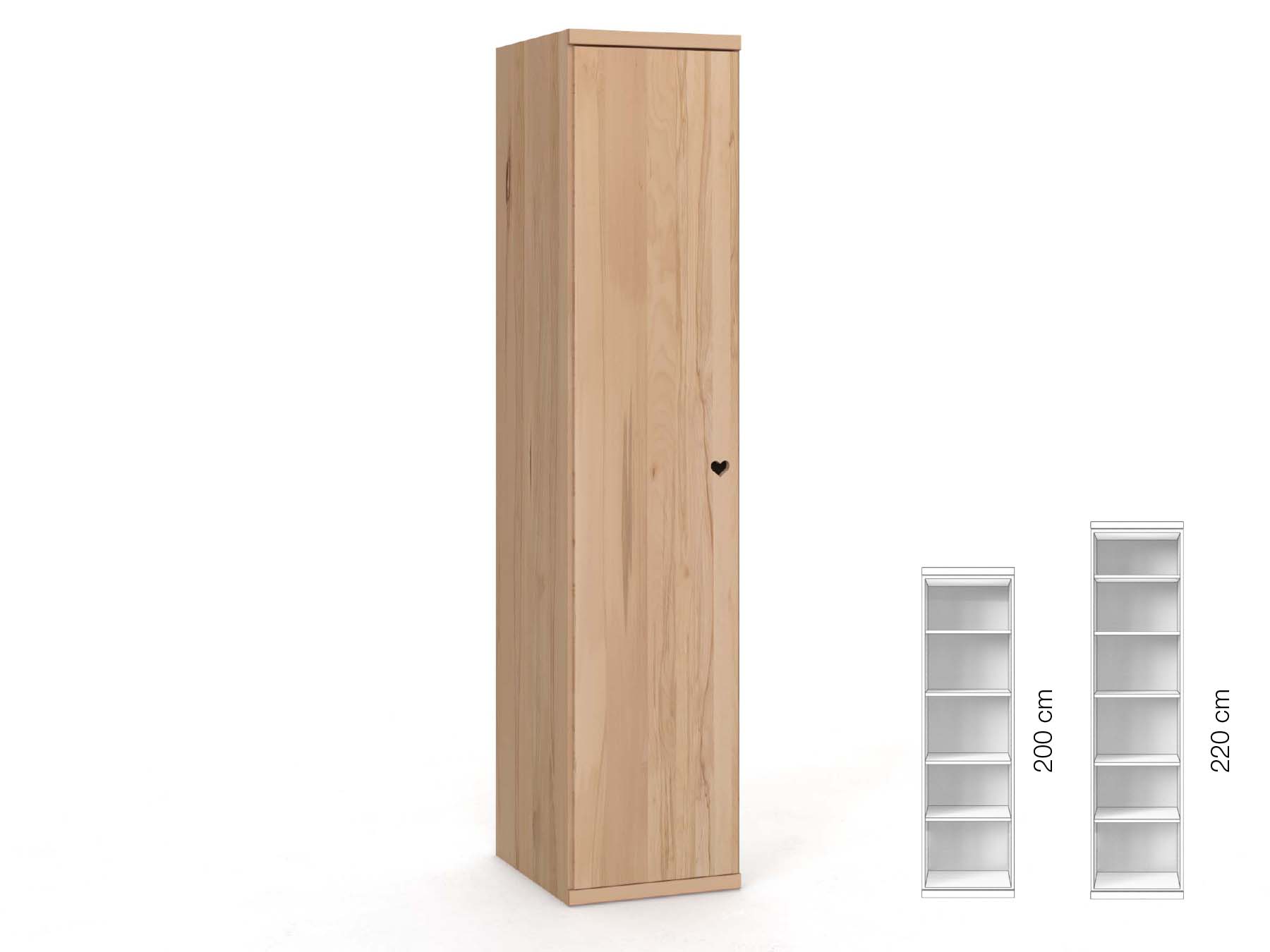 Buchenschrank „Romana“, 1-türig, Höhe 220 cm, Griffausführung „Heidi“, Inneneinrichtung: B, Türanschlag links