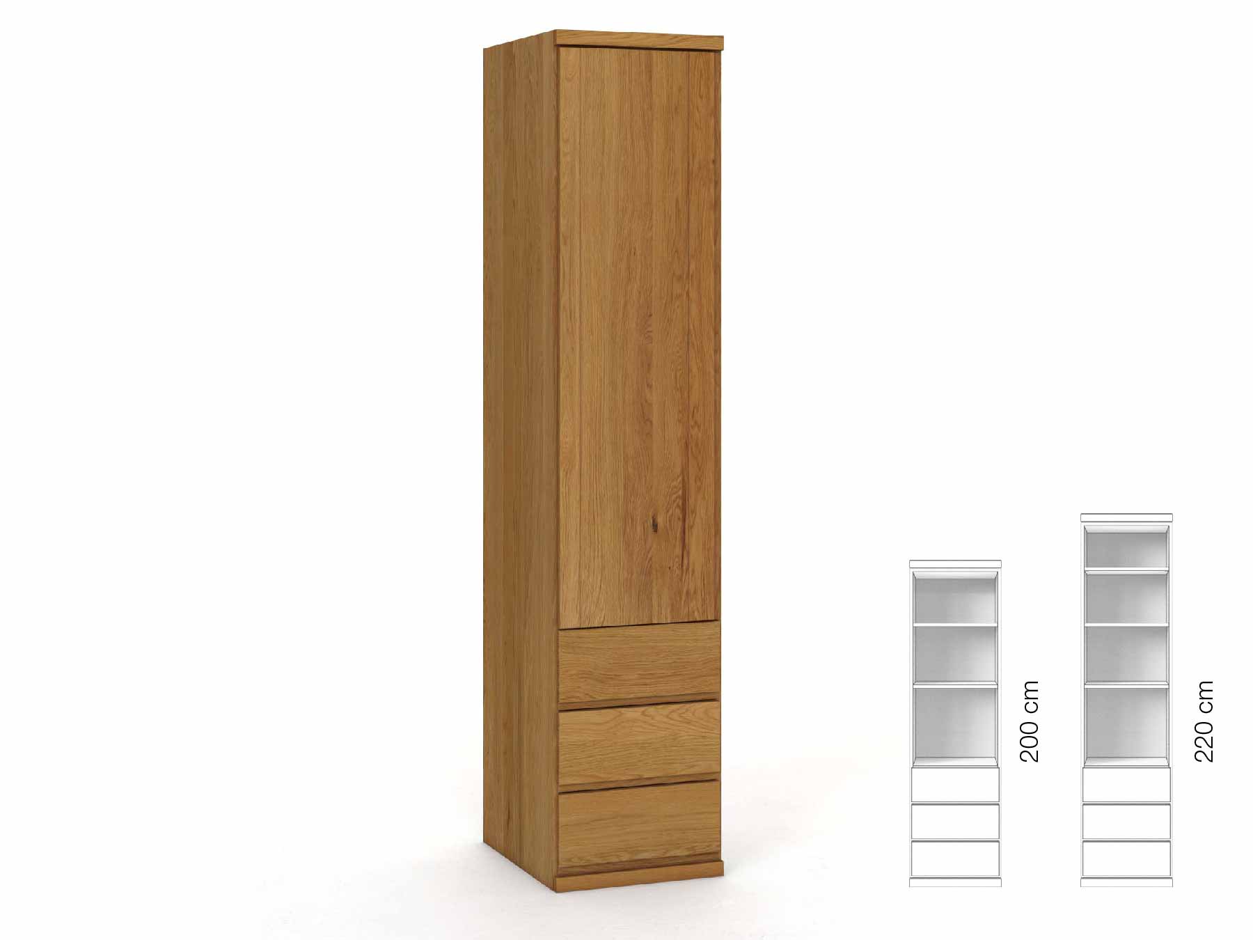 Eichenschrank „Egon“, 1-türig, Höhe 220 cm, Griffausführung „Patrizia“, Inneneinrichtung: D, Türanschlag links