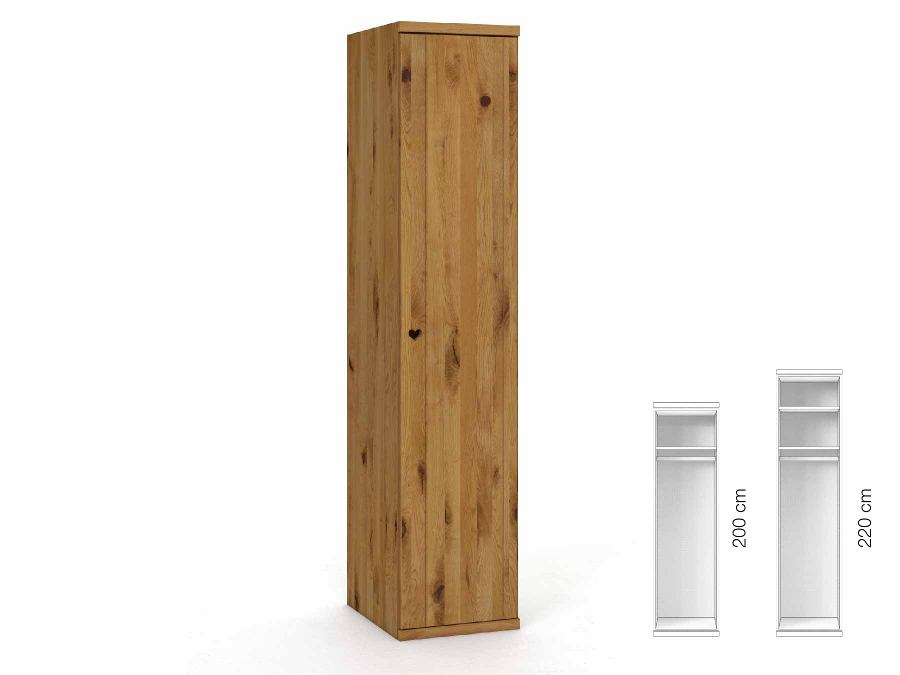 Wildeichenschrank „Egon“, 1-türig, Höhe 220 cm, Griffausführung „Heidi“, Inneneinrichtung: A, Türanschlag rechts