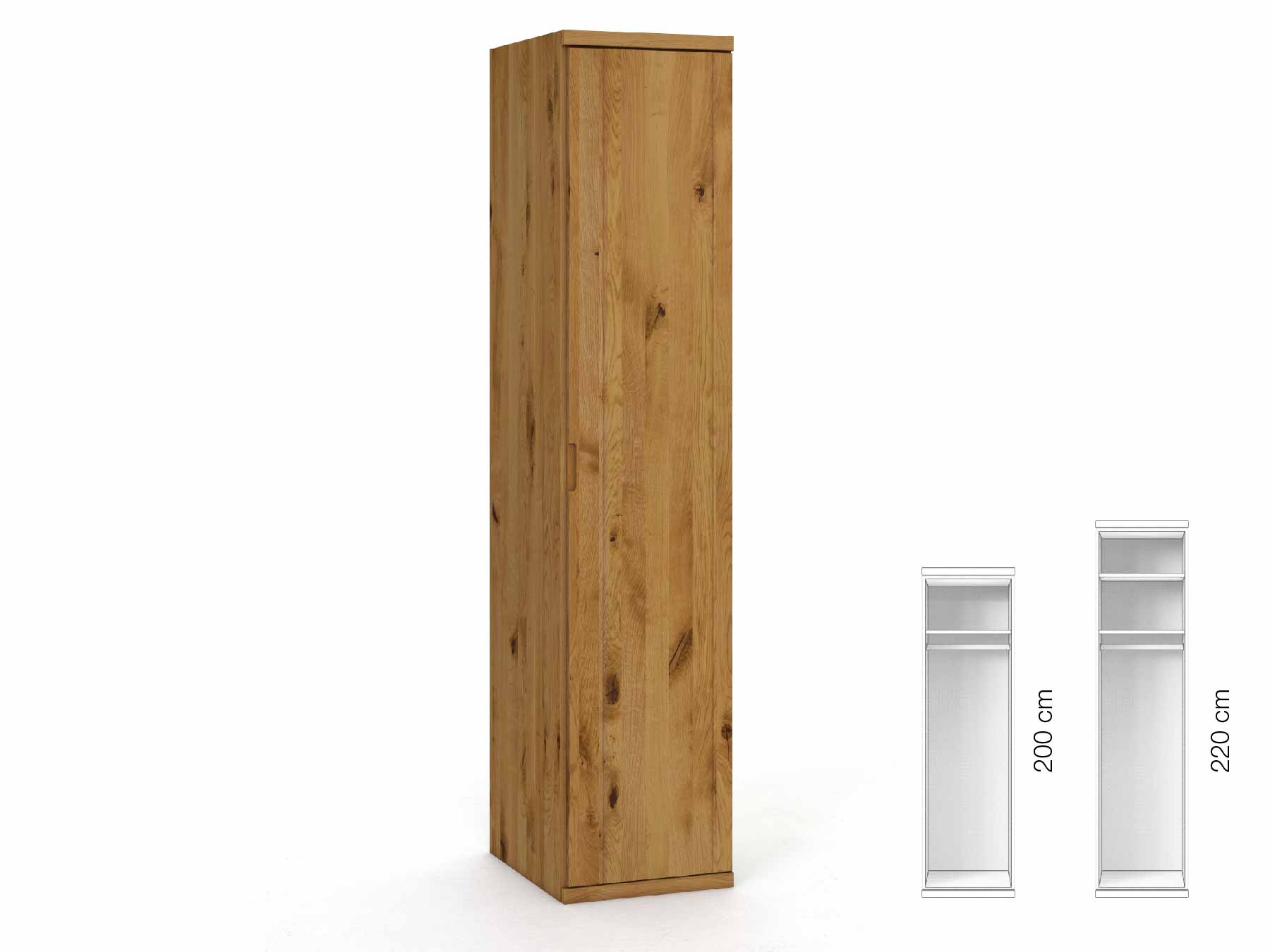 Wildeichenschrank „Egon“, 1-türig, Höhe 220 cm, Griffausführung „Lukas“, Inneneinrichtung: A, Türanschlag rechts
