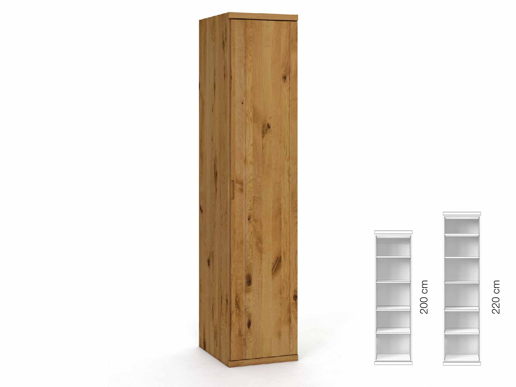 Wildeichenschrank „Egon“, 1-türig, Höhe 220 cm, Griffausführung „Lukas“, Inneneinrichtung: B, Türanschlag rechts