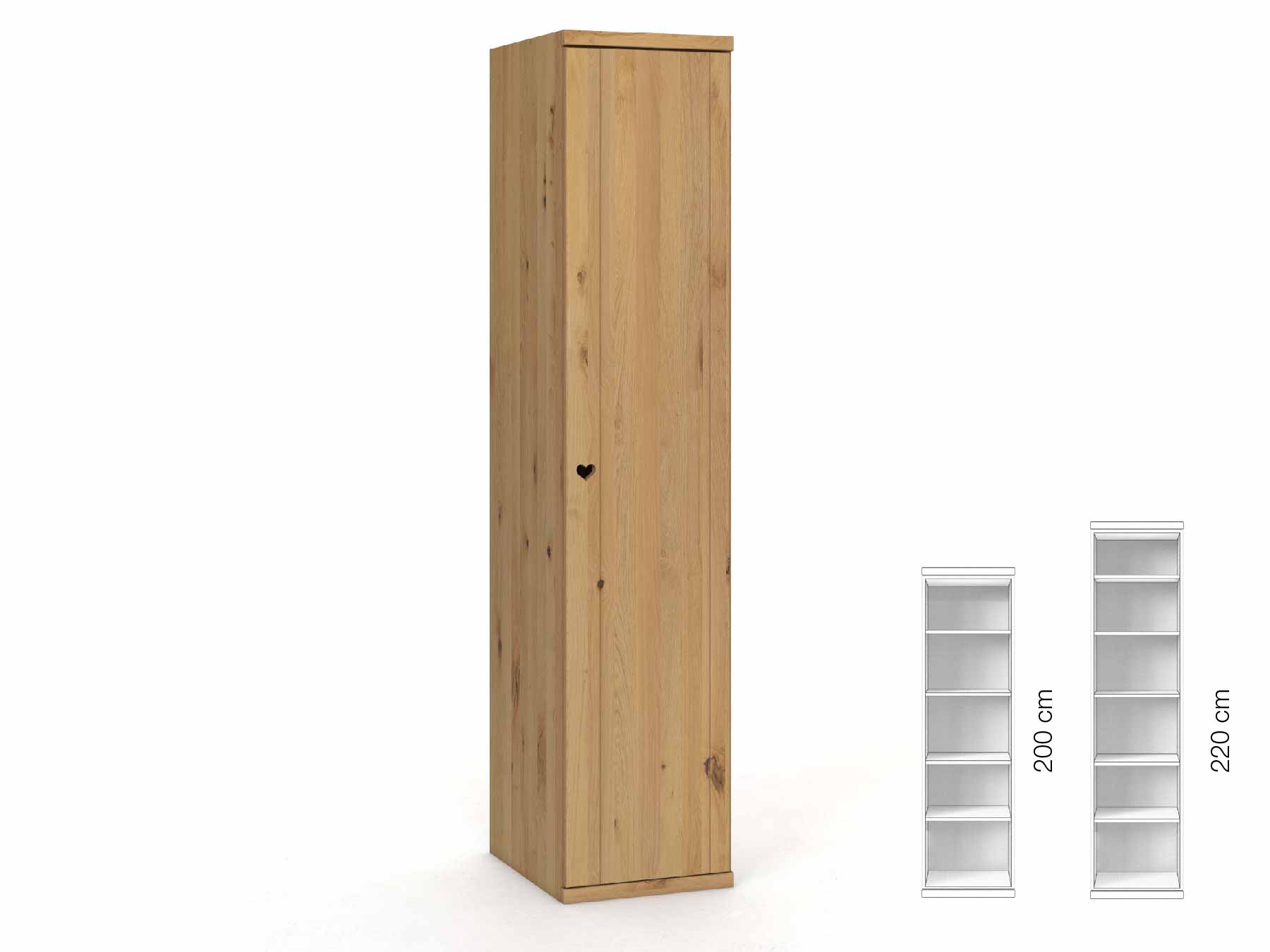 Wildeichenschrank Hell „Egon“, 1-türig, Höhe 220 cm, Griffausführung „Heidi“, Inneneinrichtung: B, Türanschlag rechts