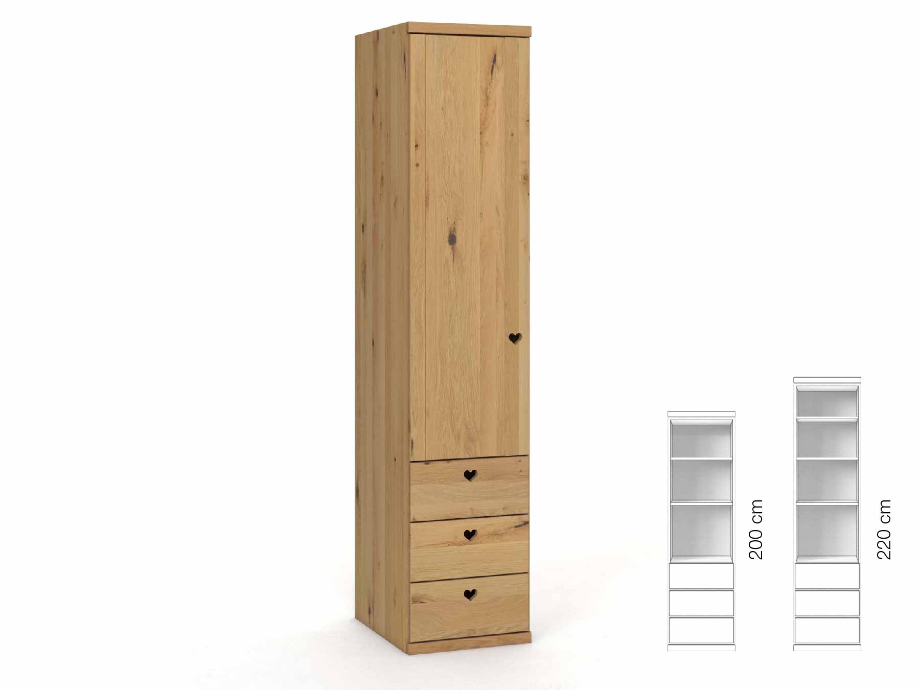Wildeichenschrank Hell „Egon“, 1-türig, Höhe 220 cm, Griffausführung „Heidi“, Inneneinrichtung: D, Türanschlag links