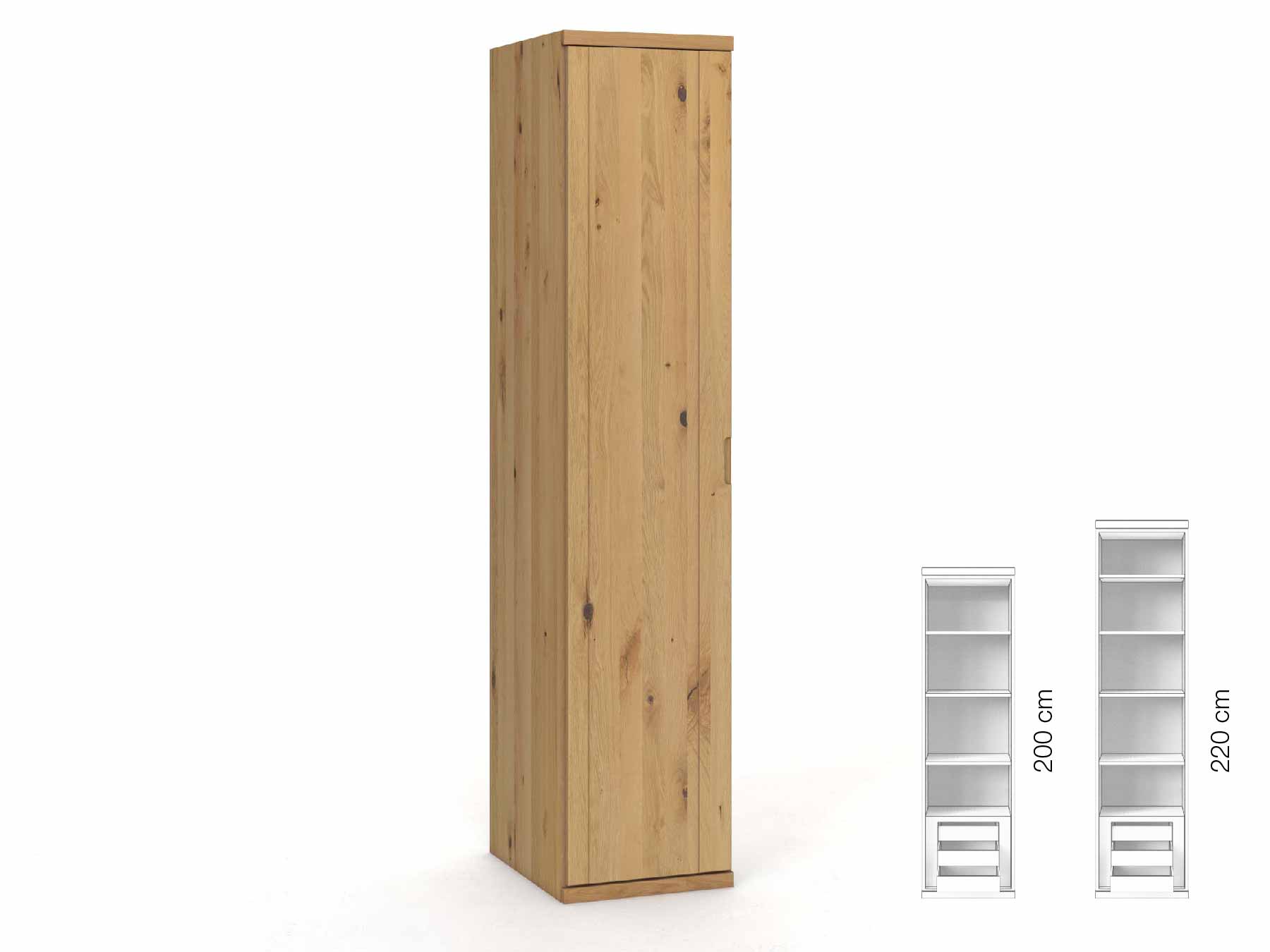 Wildeichenschrank Hell „Egon“, 1-türig, Höhe 220 cm, Griffausführung „Lukas“, Inneneinrichtung: C, Türanschlag links