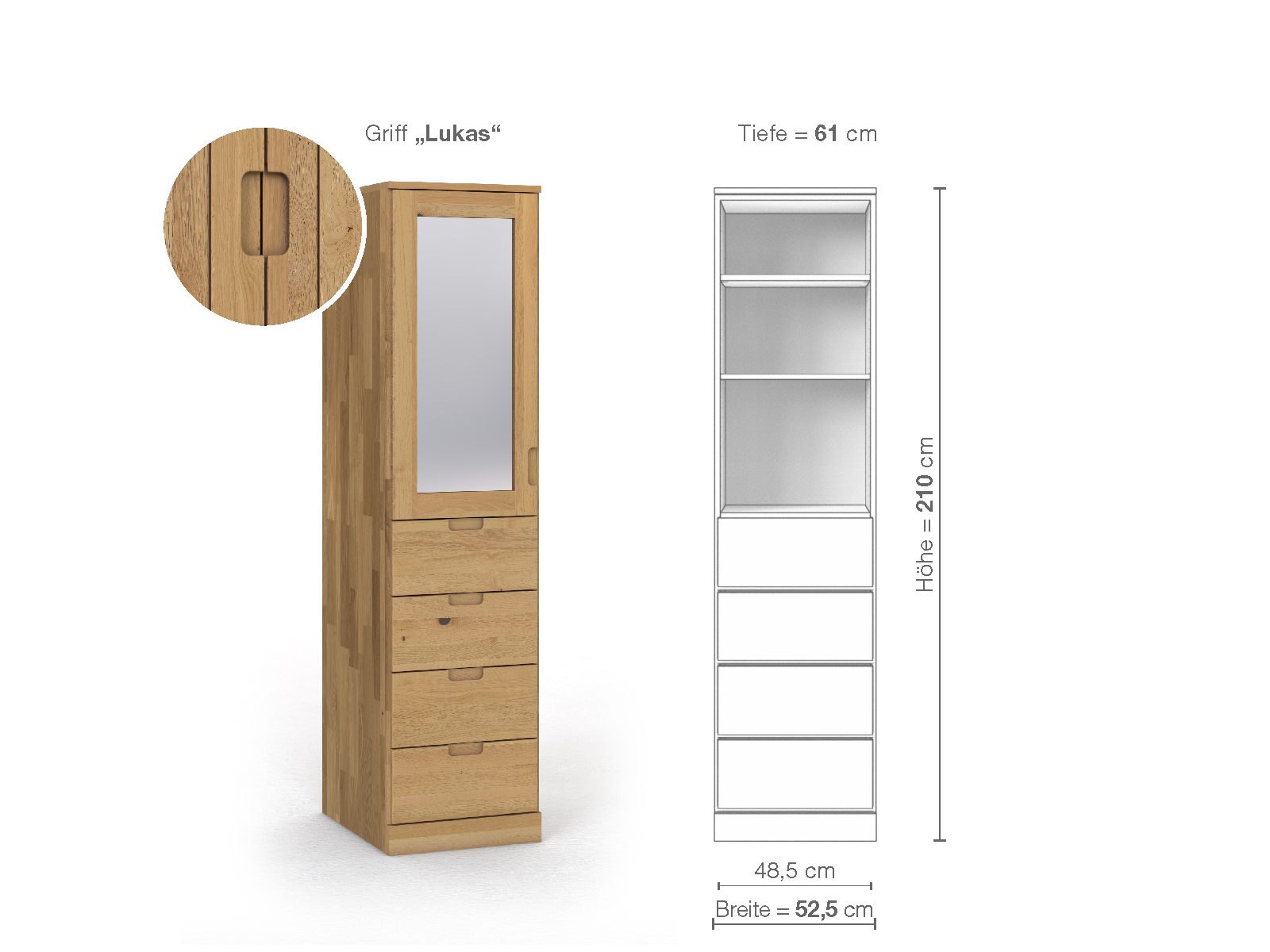 Schrank „Alpenrose“ aus Wildeiche Hell, 1-türig, Höhe 210 cm, Griffausführung „Lukas“, Inneneinrichtung D, Türanschlag links