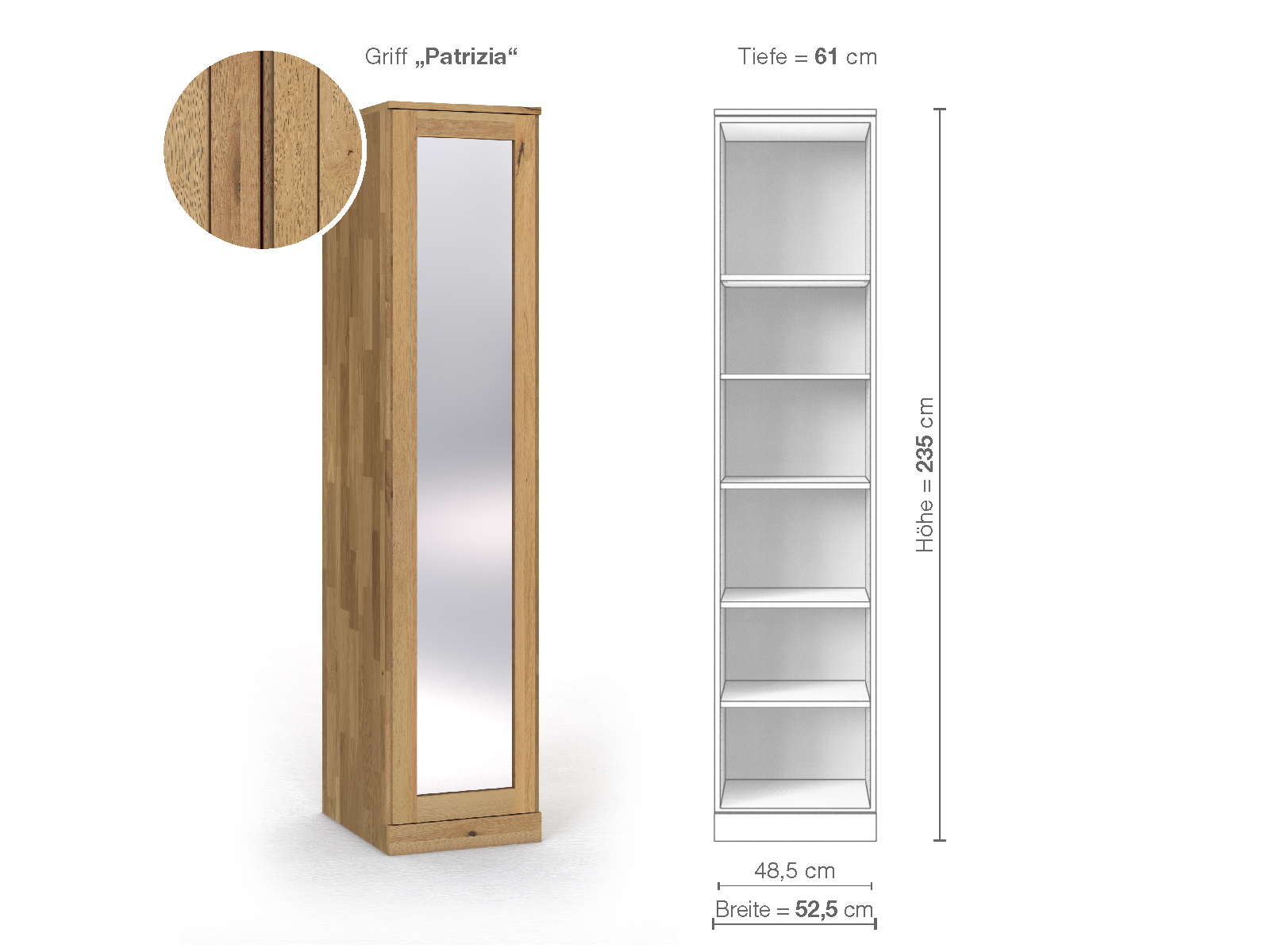 Schrank „Alpenrose“ aus Wildeiche Hell, 1-türig, Höhe 235 cm, Griffausführung „Patrizia“, Inneneinrichtung B, Türanschlag links