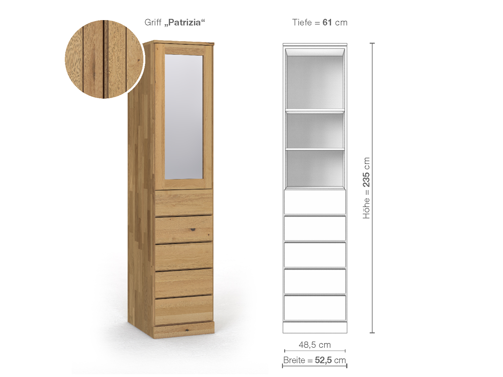 Schrank „Alpenrose“ aus Wildeiche Hell, 1-türig, Höhe 235 cm, Griffausführung „Patrizia“, Inneneinrichtung D, Türanschlag links