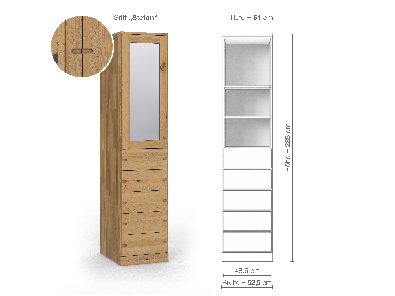 Schrank „Alpenrose“ aus Wildeiche Hell, 1-türig, Höhe 235 cm, Griffausführung „Stefan“, Inneneinrichtung D, Türanschlag links