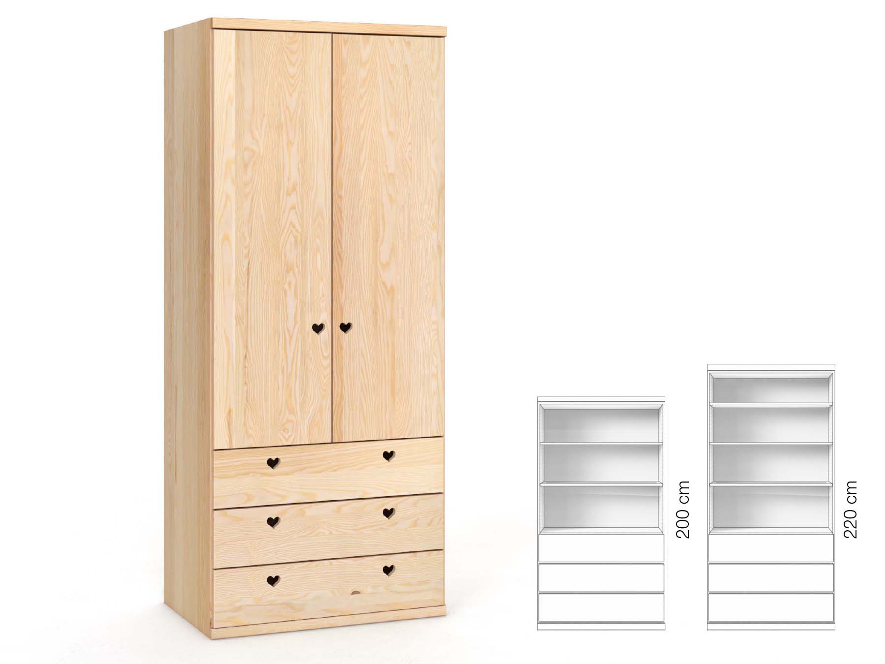 Eschenschrank „Romana“, 2-türig, Höhe 220 cm, Griffausführung „Heidi“, Inneneinrichtung: E