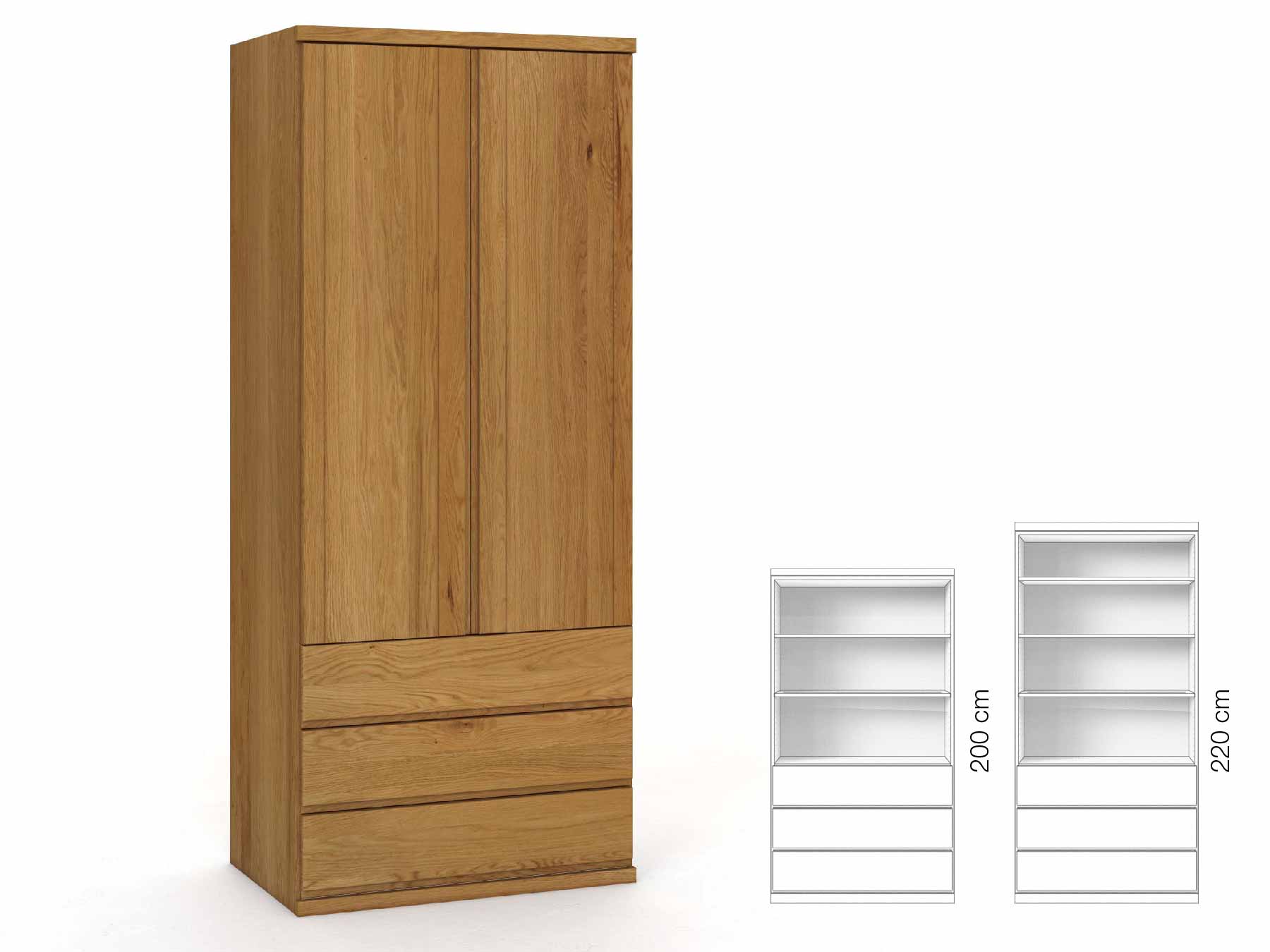 Eichenschrank „Egon“, 2-türig, Höhe 220 cm, Griffausführung „Patrizia“, Inneneinrichtung: E