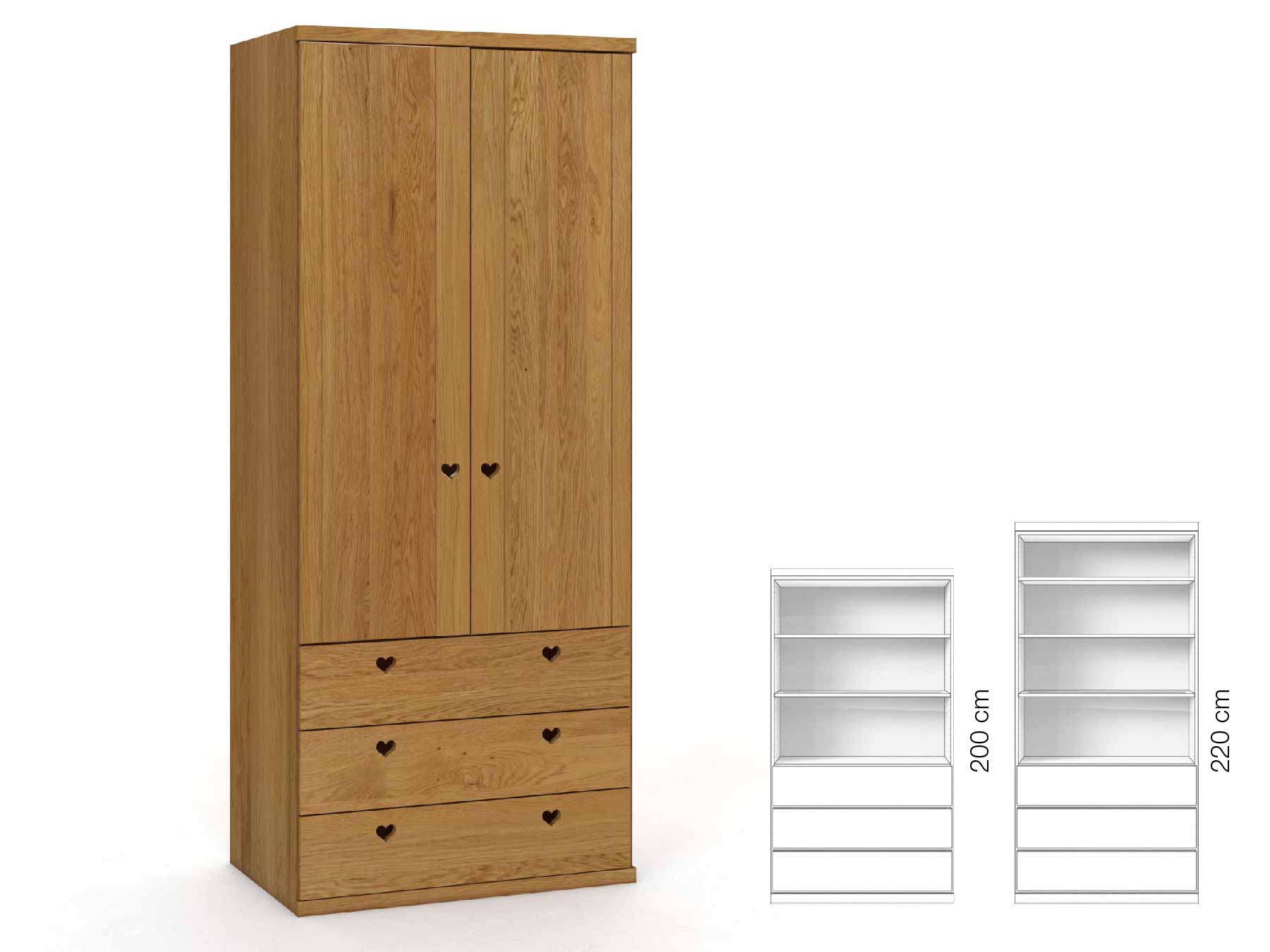 Eichenschrank „Egon“, 2-türig, Höhe 220 cm, Griffausführung „Heidi“, Inneneinrichtung: E