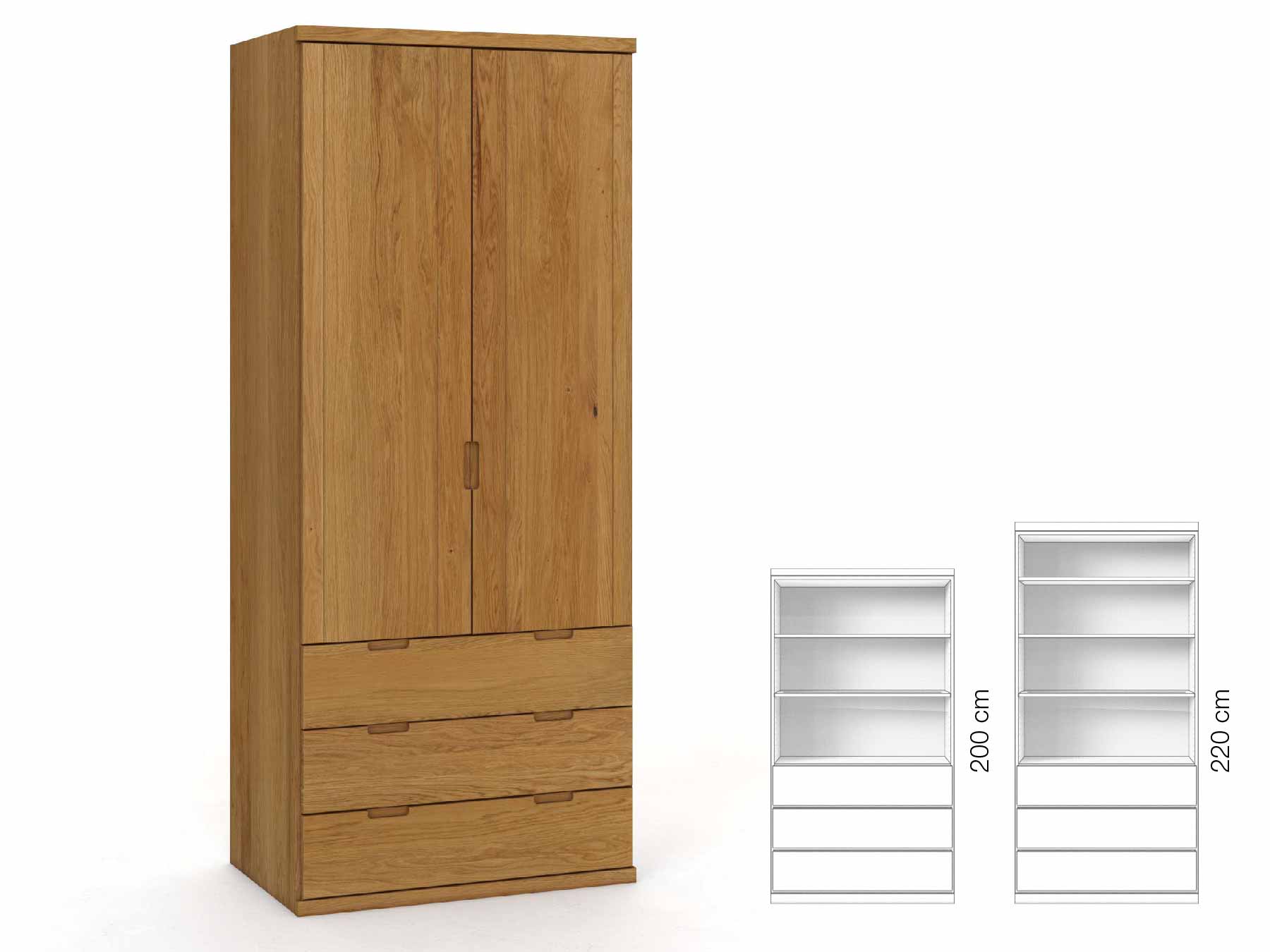 Eichenschrank „Egon“, 2-türig, Höhe 220 cm, Griffausführung „Lukas“, Inneneinrichtung: E