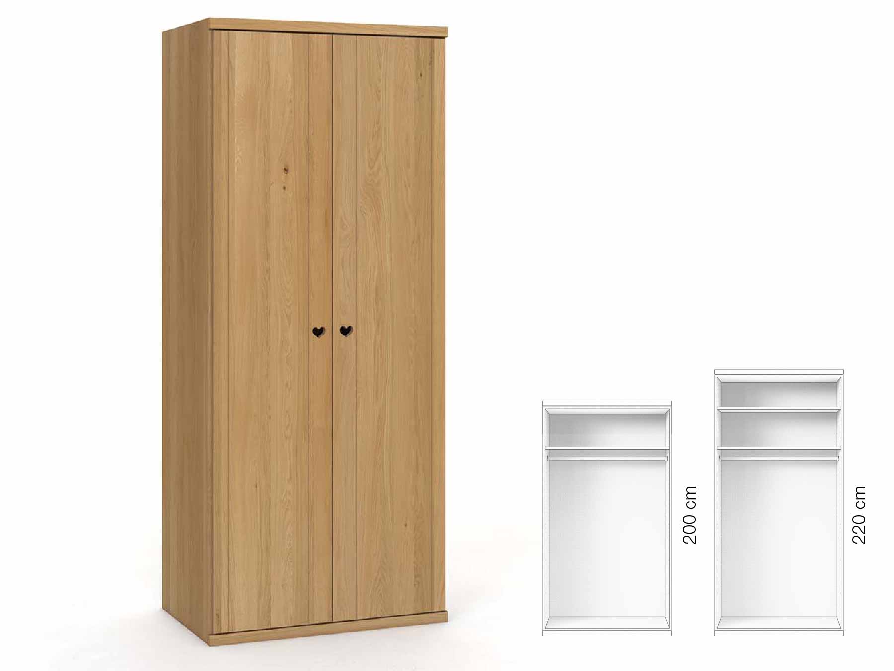 Eichenschrank Hell „Egon“, 2-türig, Höhe 220 cm, Griffausführung „Heidi“, Inneneinrichtung: A