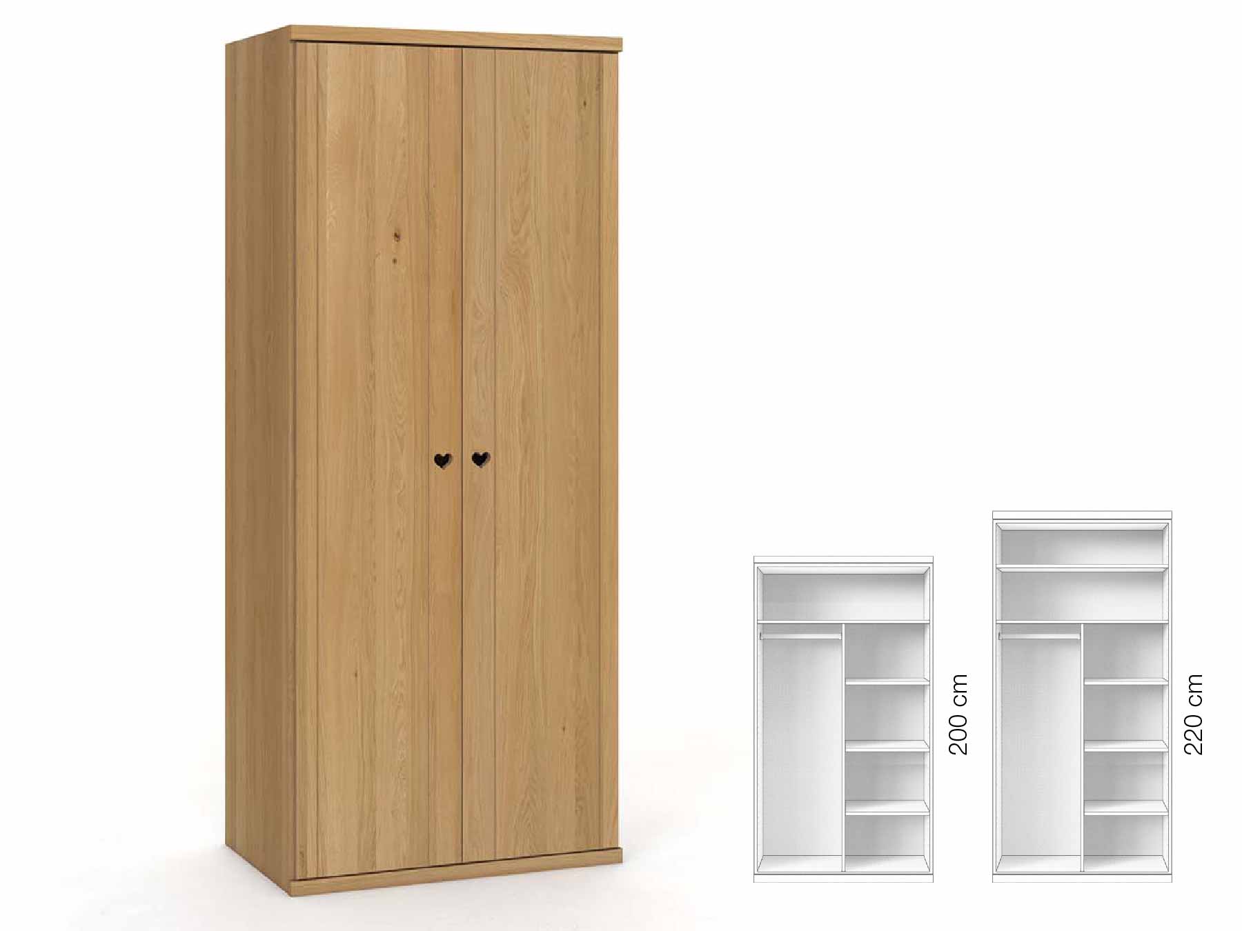 Eichenschrank Hell „Egon“, 2-türig, Höhe 220 cm, Griffausführung „Heidi“, Inneneinrichtung: B