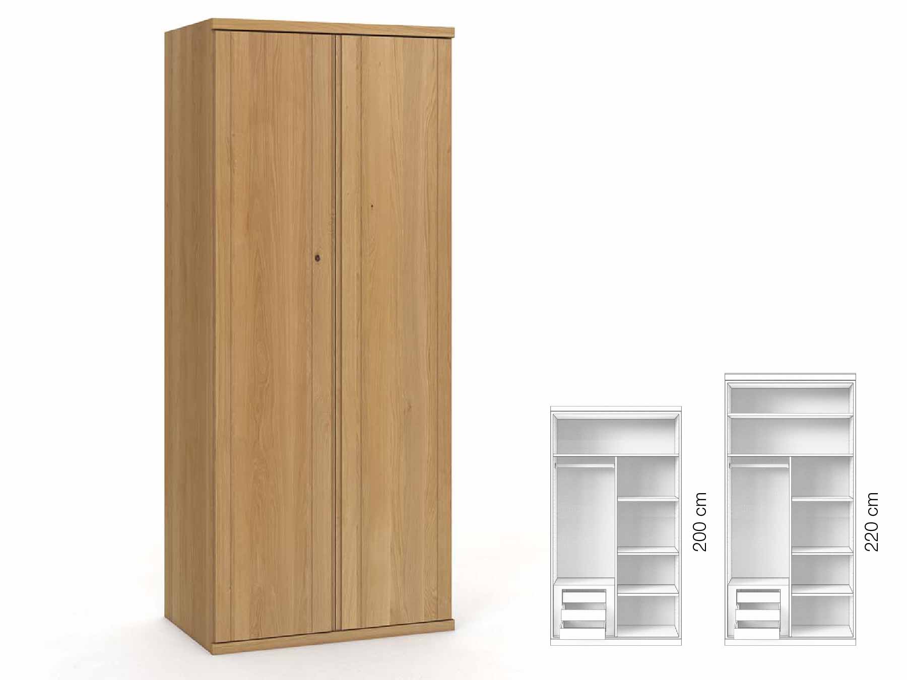 Eichenschrank Hell „Egon“, 2-türig, Höhe 220 cm, Griffausführung „Patrizia“, Inneneinrichtung: C