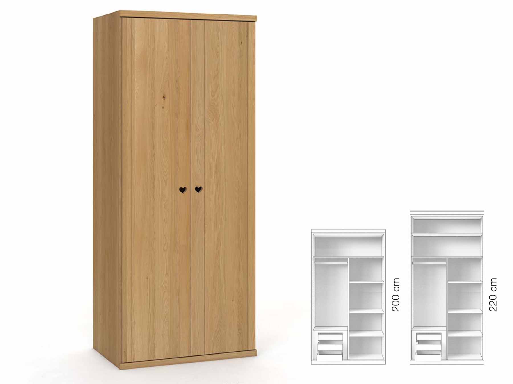 Eichenschrank Hell „Egon“, 2-türig, Höhe 220 cm, Griffausführung „Heidi“, Inneneinrichtung: C