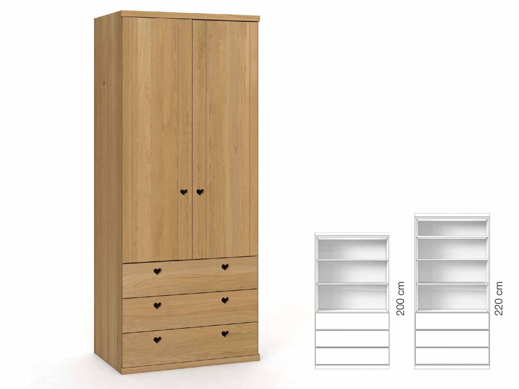 Eichenschrank Hell „Egon“, 2-türig, Höhe 220 cm, Griffausführung „Heidi“, Inneneinrichtung: E