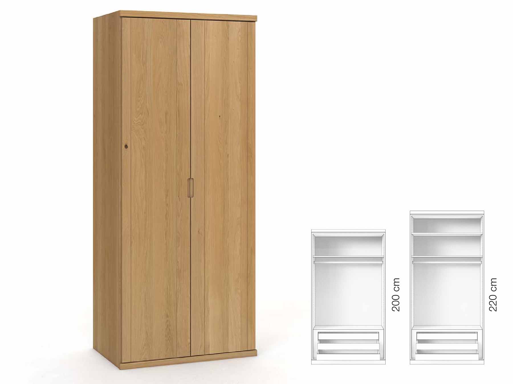 Eichenschrank Hell „Egon“, 2-türig, Höhe 220 cm, Griffausführung „Lukas“, Inneneinrichtung: D