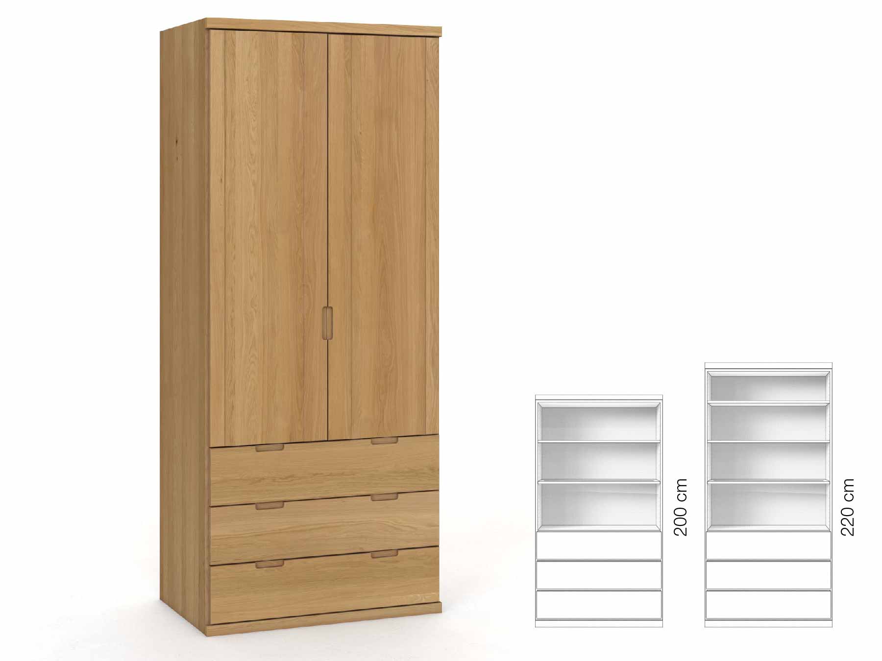 Eichenschrank Hell „Egon“, 2-türig, Höhe 220 cm, Griffausführung „Lukas“, Inneneinrichtung: E