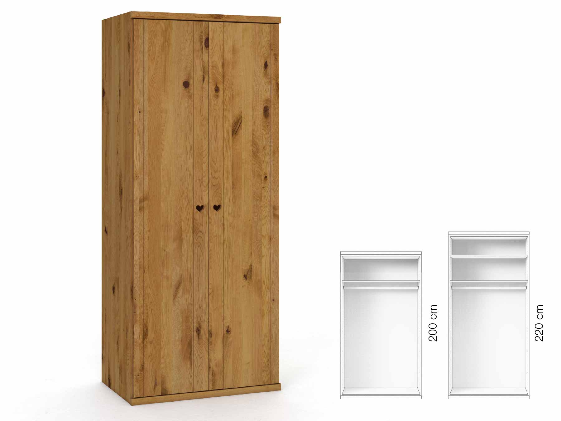 Wildeichenschrank „Egon“, 2-türig, Höhe 220 cm, Griffausführung „Heidi“, Inneneinrichtung: A