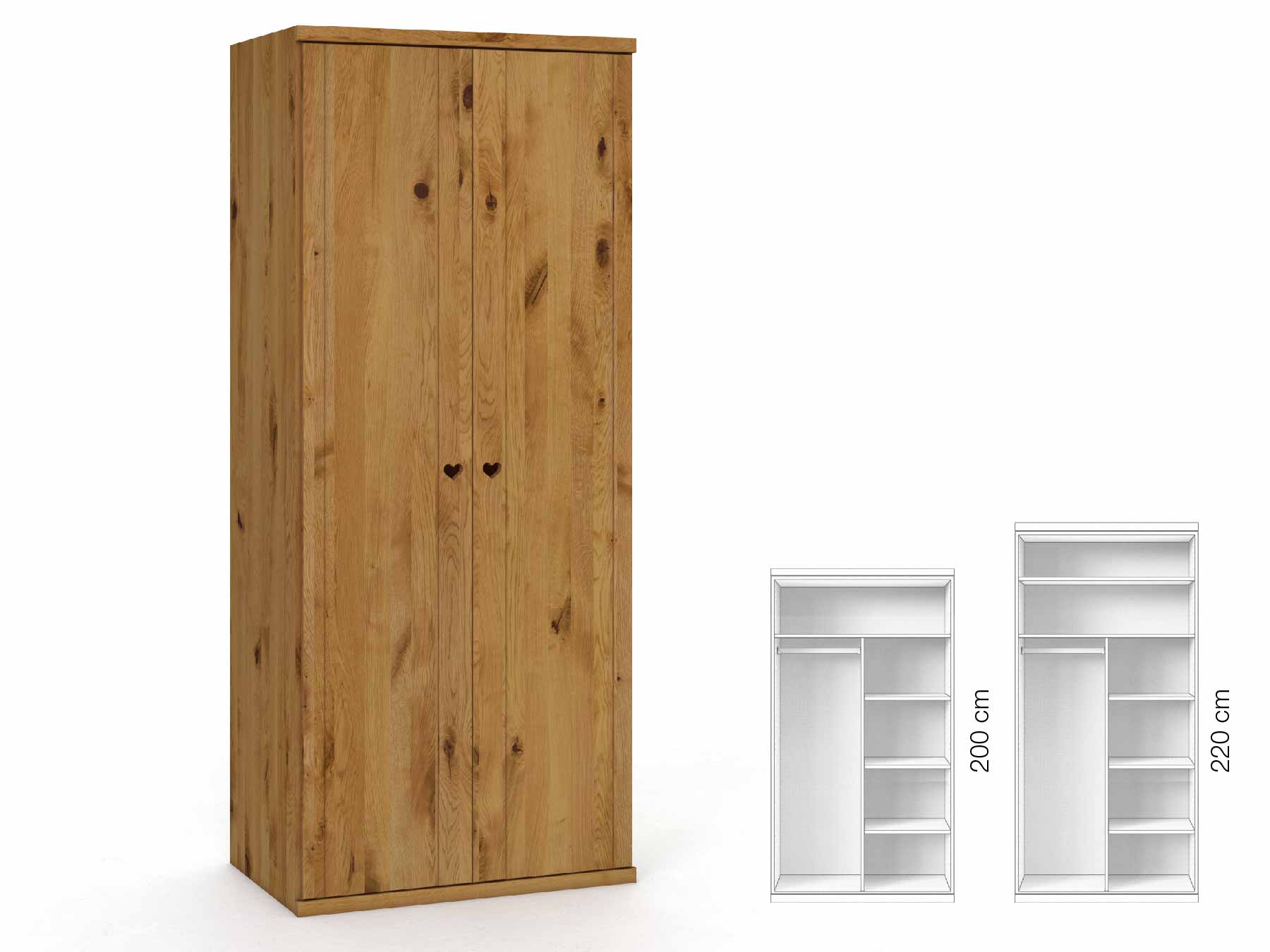 Wildeichenschrank „Egon“, 2-türig, Höhe 220 cm, Griffausführung „Heidi“, Inneneinrichtung: B
