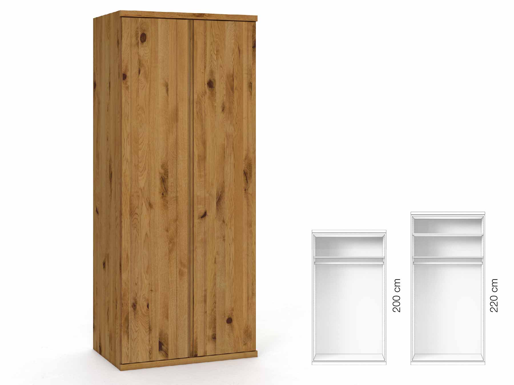 Wildeichenschrank „Egon“, 2-türig, Höhe 220 cm, Griffausführung „Patrizia“, Inneneinrichtung: A