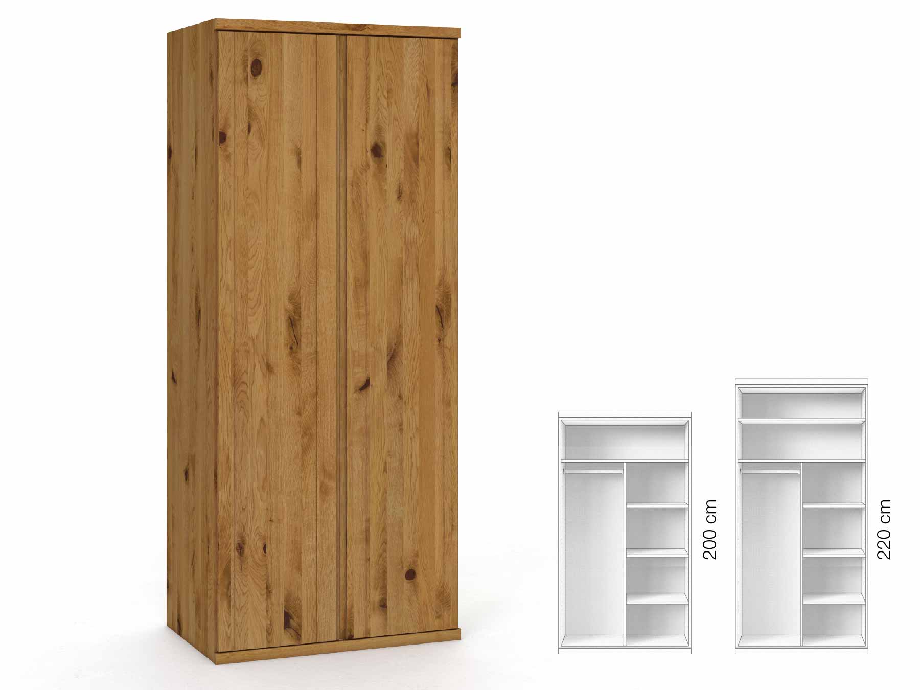 Wildeichenschrank „Egon“, 2-türig, Höhe 220 cm, Griffausführung „Patrizia“, Inneneinrichtung: B
