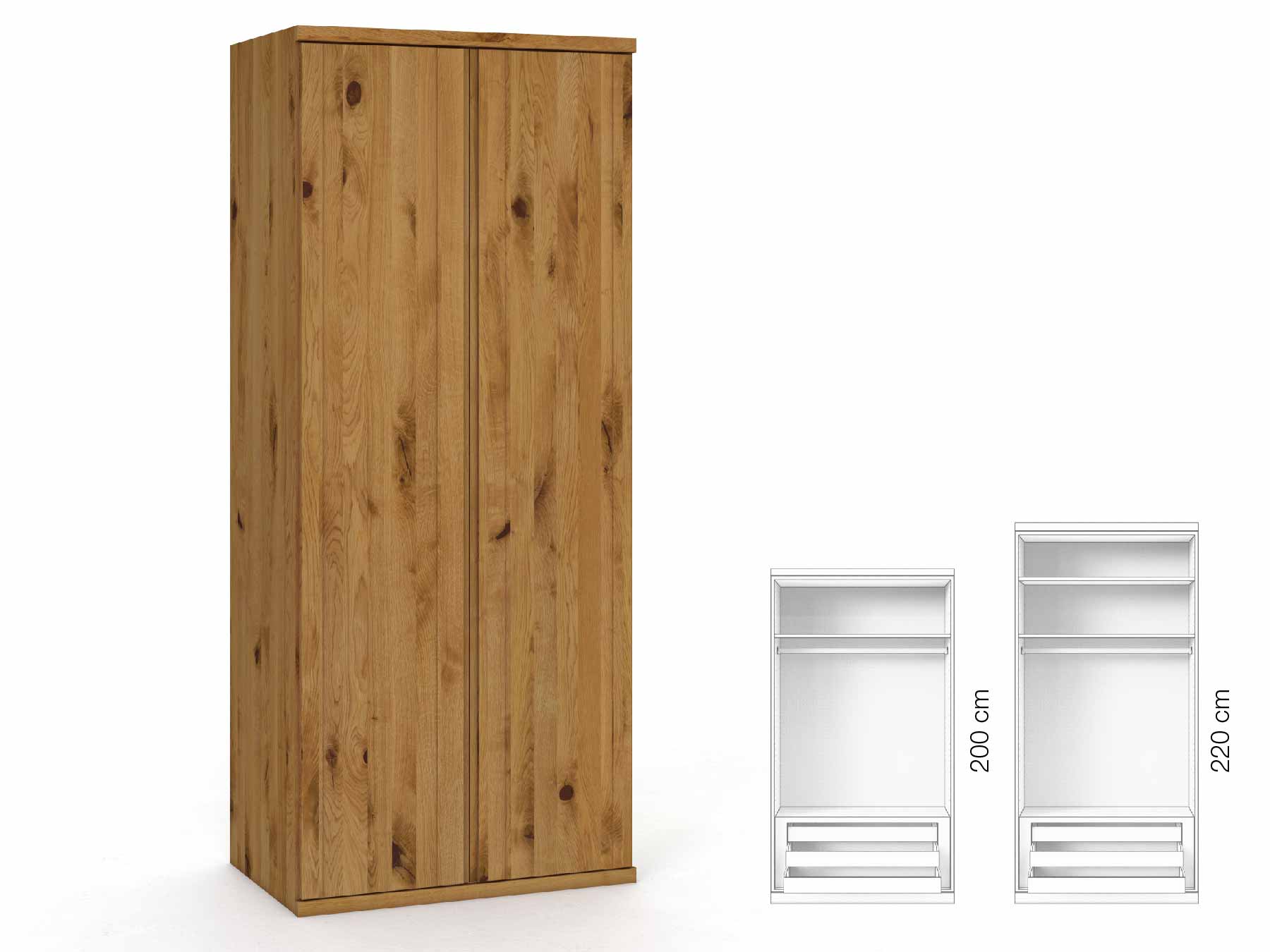 Wildeichenschrank „Egon“, 2-türig, Höhe 220 cm, Griffausführung „Patrizia“, Inneneinrichtung: D
