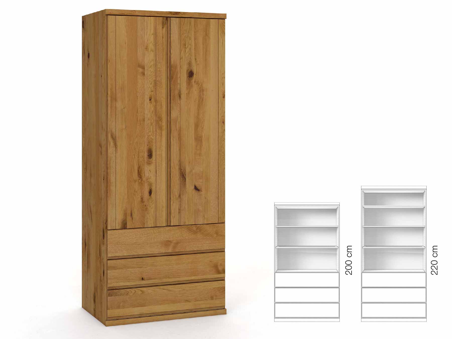 Wildeichenschrank „Egon“, 2-türig, Höhe 220 cm, Griffausführung „Patrizia“, Inneneinrichtung: E