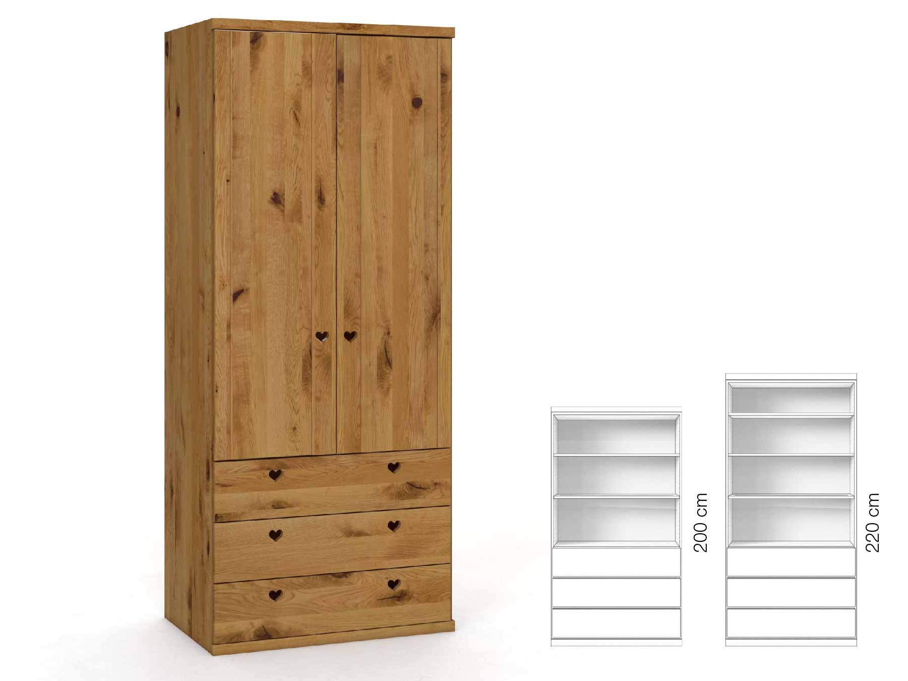 Wildeichenschrank „Egon“, 2-türig, Höhe 220 cm, Griffausführung „Heidi“, Inneneinrichtung: E