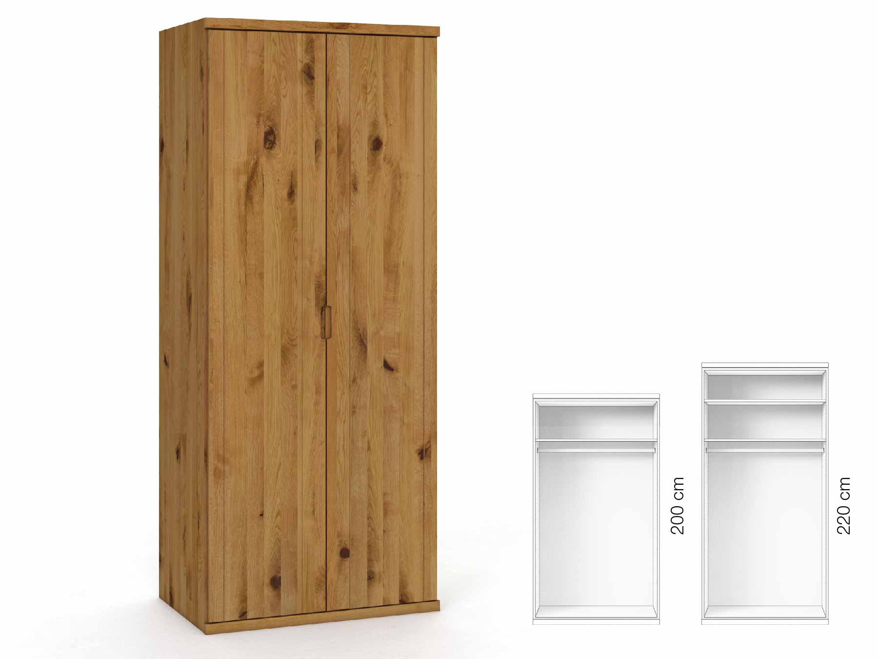 Wildeichenschrank „Egon“, 2-türig, Höhe 220 cm, Griffausführung „Lukas“, Inneneinrichtung: A