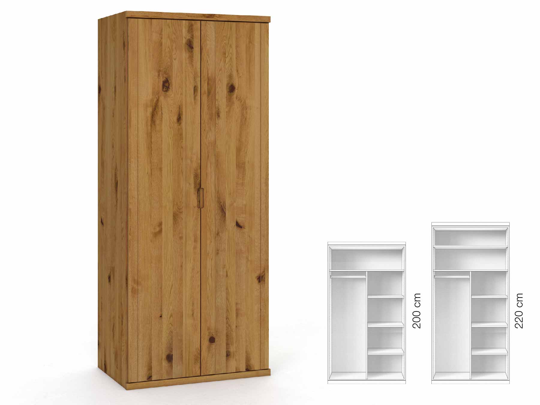 Wildeichenschrank „Egon“, 2-türig, Höhe 220 cm, Griffausführung „Lukas“, Inneneinrichtung: B