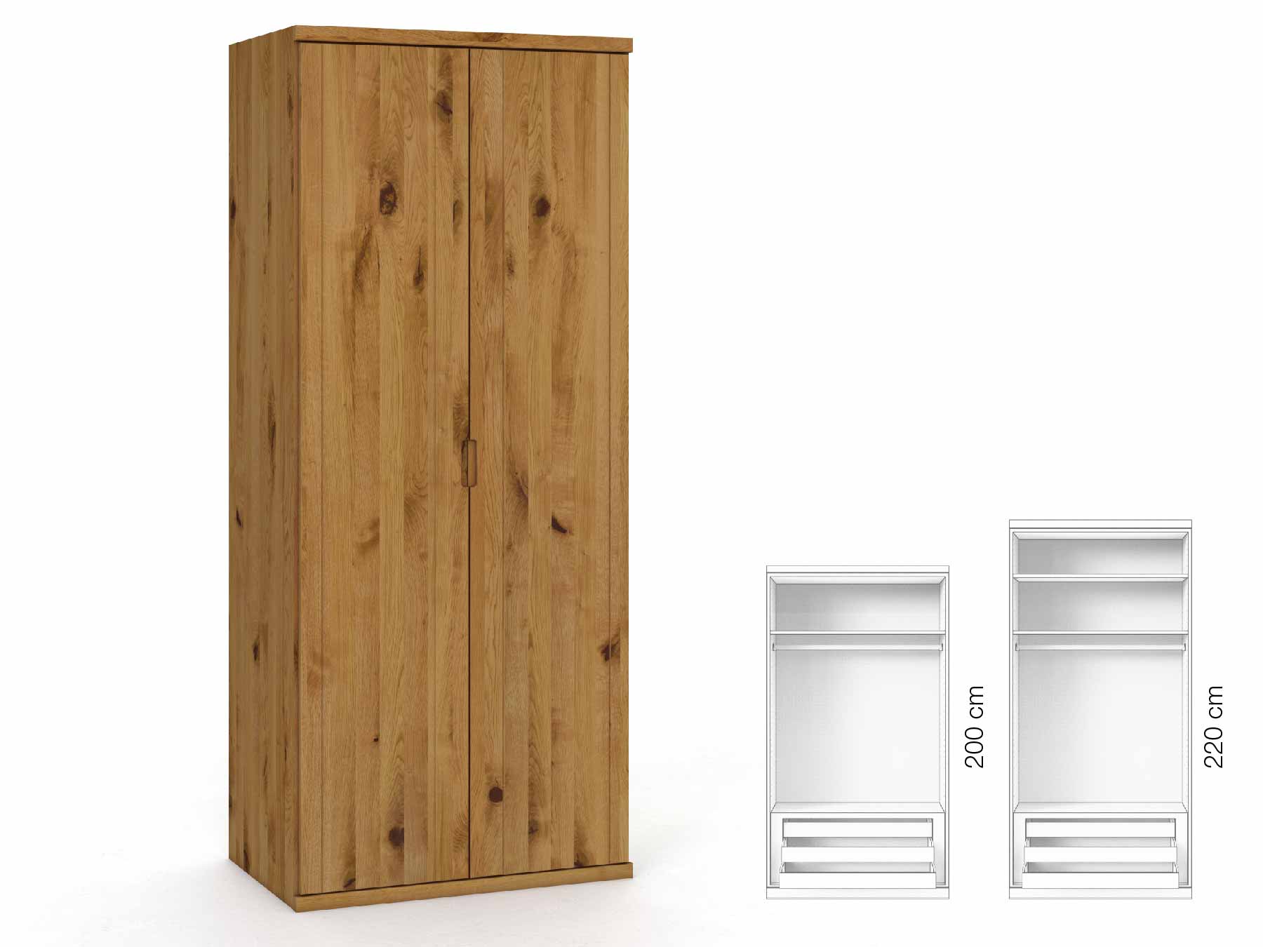 Wildeichenschrank „Egon“, 2-türig, Höhe 220 cm, Griffausführung „Lukas“, Inneneinrichtung: D