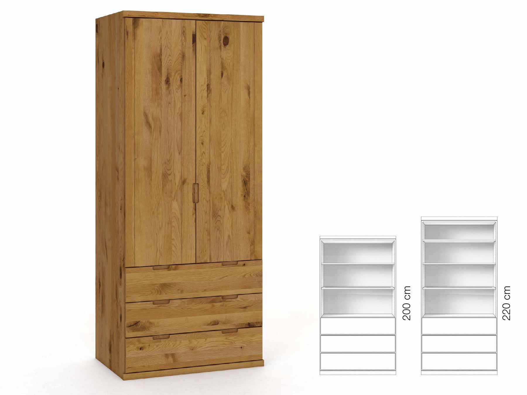Wildeichenschrank „Egon“, 2-türig, Höhe 220 cm, Griffausführung „Lukas“, Inneneinrichtung: E