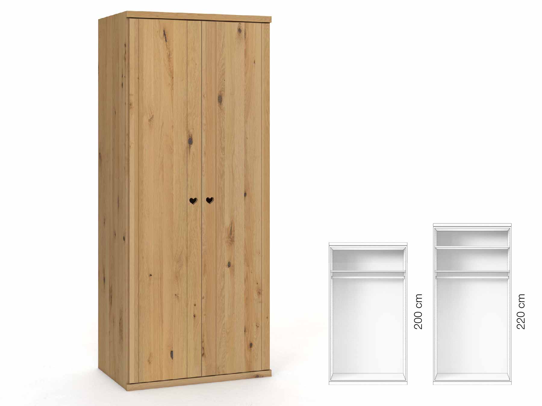 Wildeichenschrank Hell „Egon“, 2-türig, Höhe 220 cm, Griffausführung „Heidi“, Inneneinrichtung: A