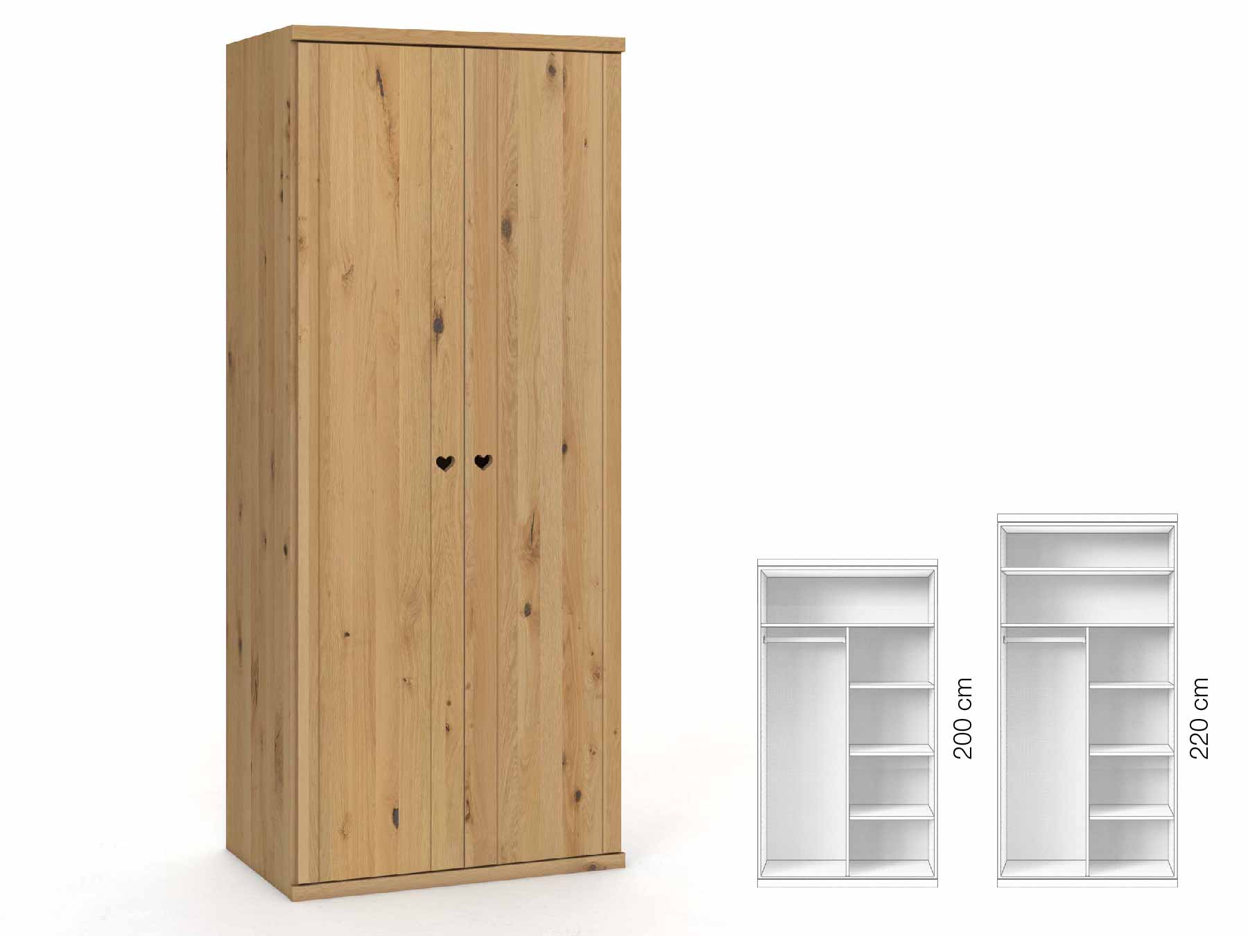 Wildeichenschrank Hell „Egon“, 2-türig, Höhe 220 cm, Griffausführung „Heidi“, Inneneinrichtung: B