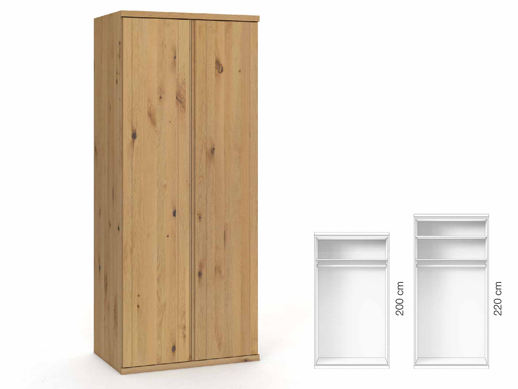 Wildeichenschrank Hell „Egon“, 2-türig, Höhe 220 cm, Griffausführung „Patrizia“, Inneneinrichtung: A
