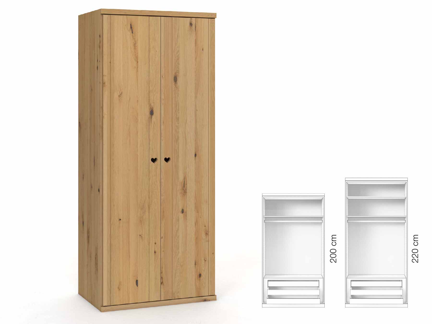 Wildeichenschrank Hell „Egon“, 2-türig, Höhe 220 cm, Griffausführung „Heidi“, Inneneinrichtung: D