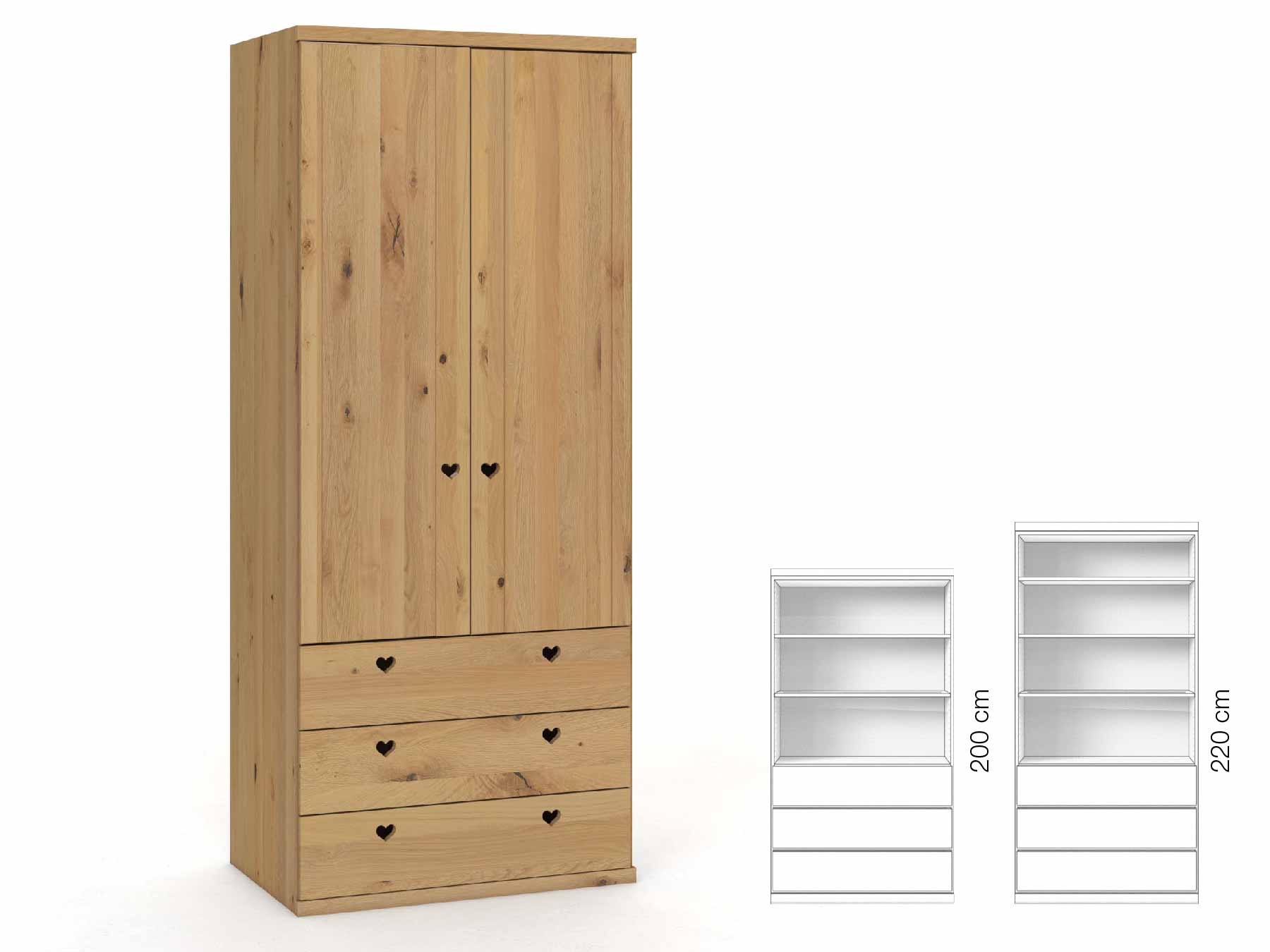 Wildeichenschrank Hell „Egon“, 2-türig, Höhe 220 cm, Griffausführung „Heidi“, Inneneinrichtung: E