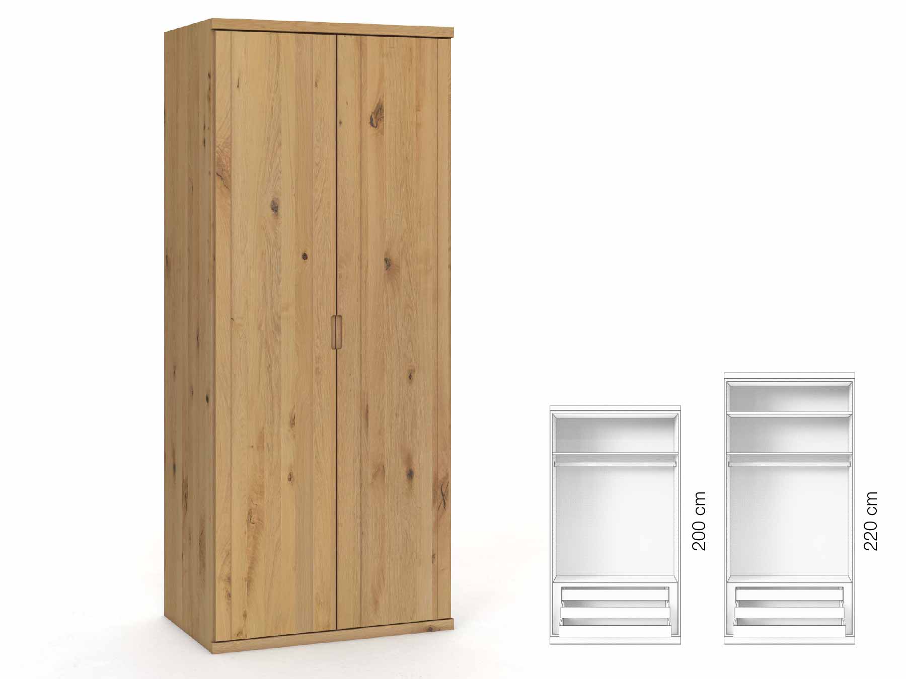 Wildeichenschrank Hell „Egon“, 2-türig, Höhe 220 cm, Griffausführung „Lukas“, Inneneinrichtung: D