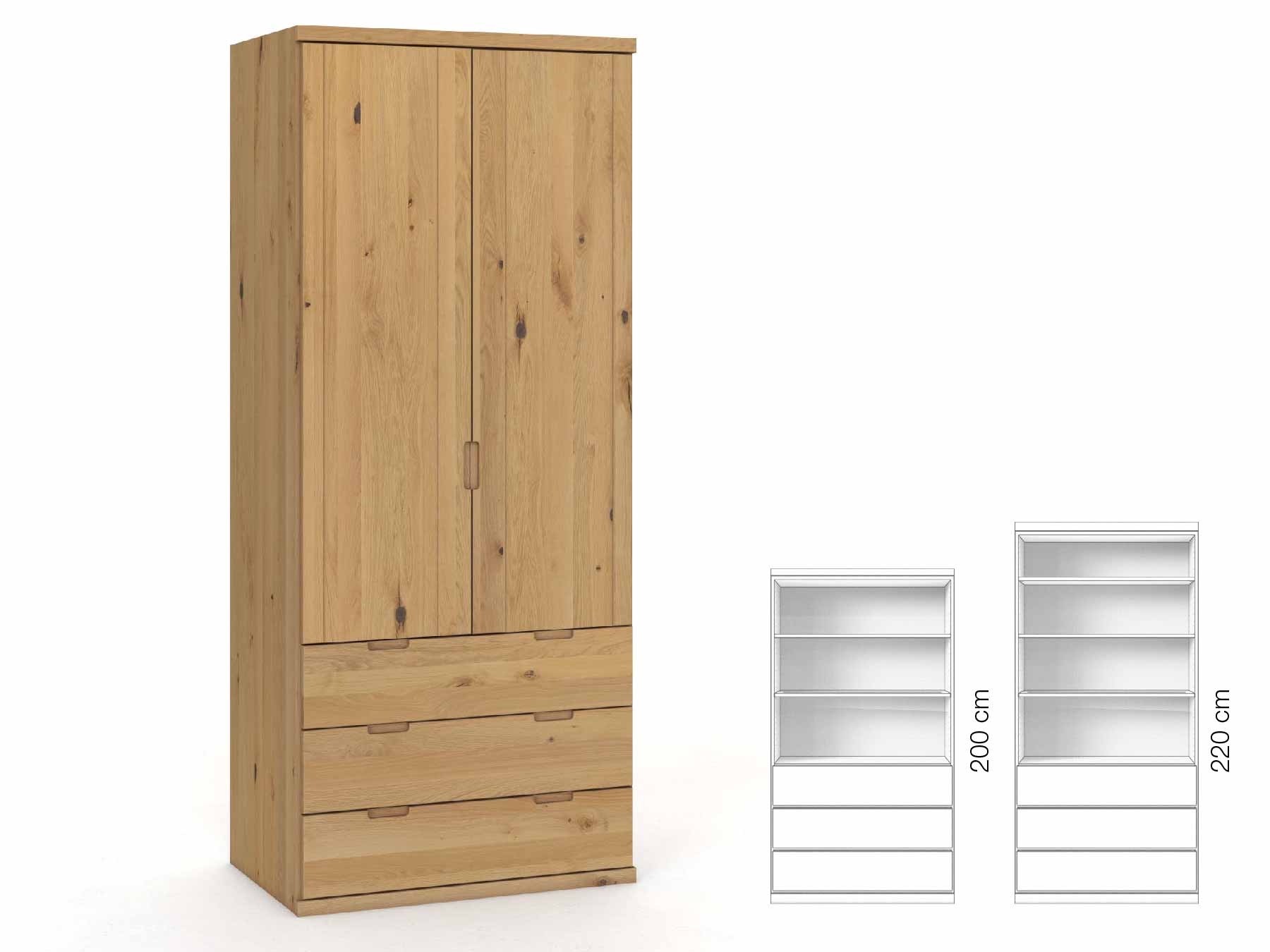 Wildeichenschrank Hell „Egon“, 2-türig, Höhe 220 cm, Griffausführung „Lukas“, Inneneinrichtung: E