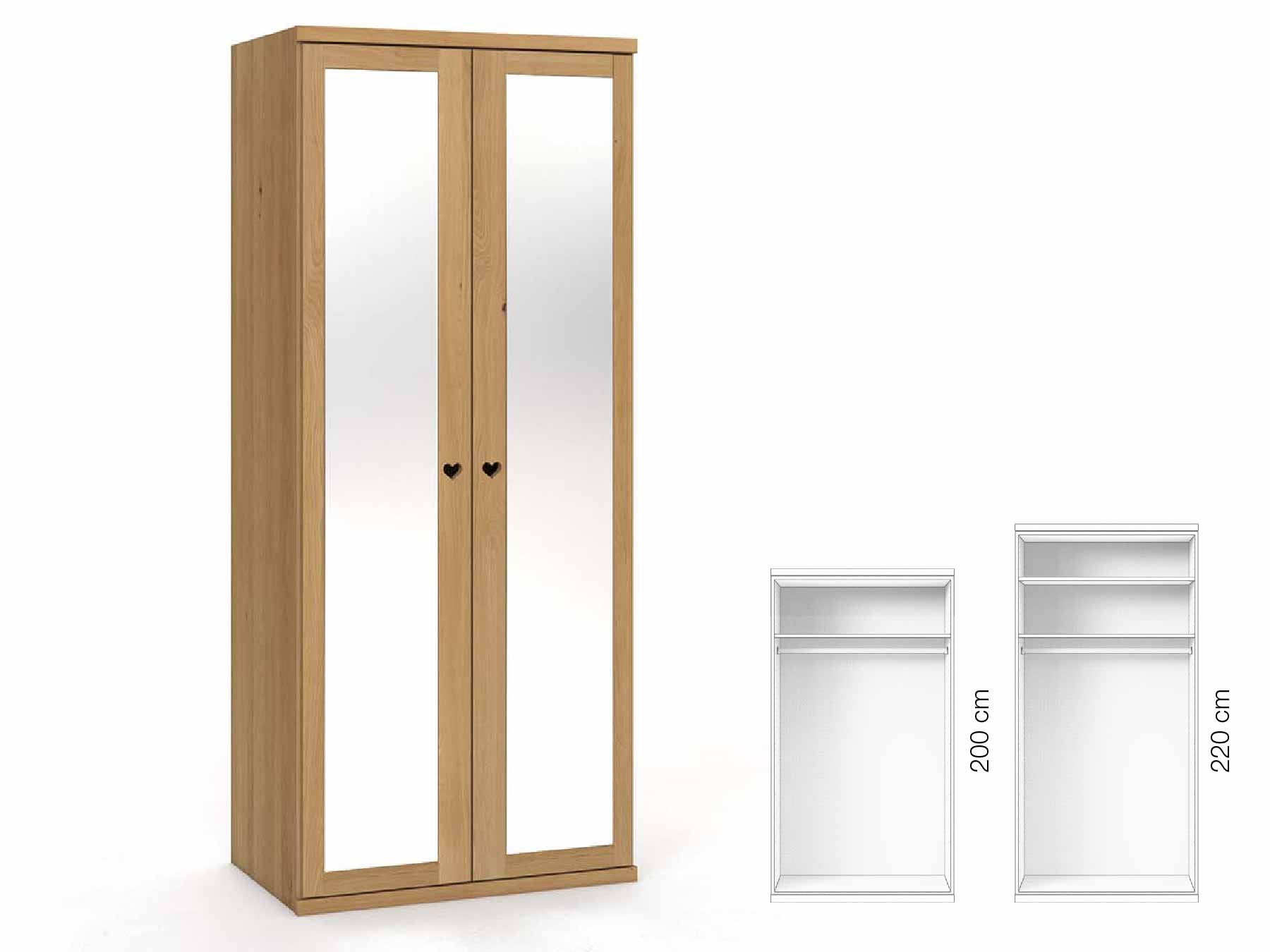 Eichenschrank Hell „Sandra“, 2-türig, Höhe 220 cm, Griffausführung „Heidi“, Inneneinrichtung: A