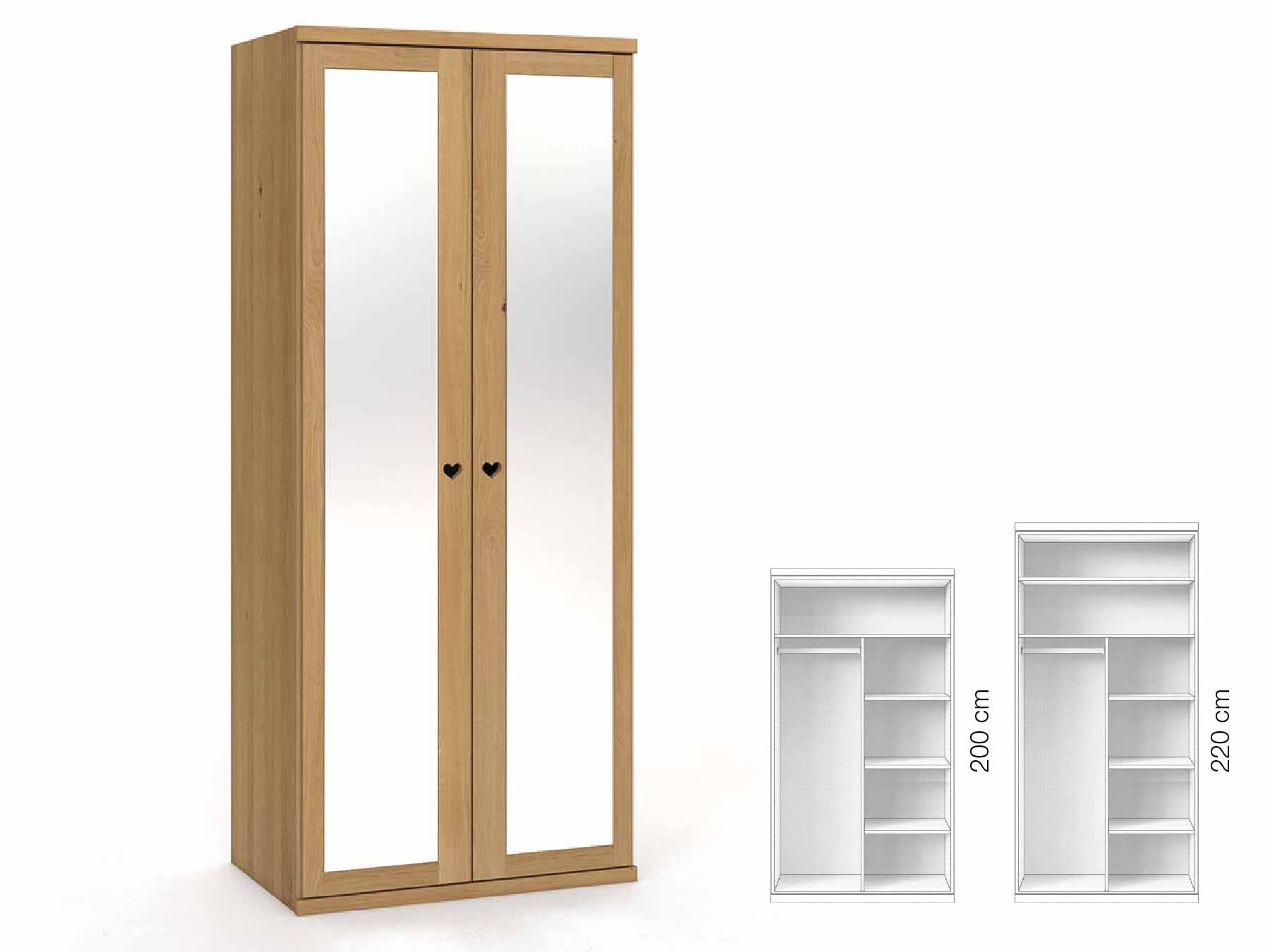 Eichenschrank Hell „Sandra“, 2-türig, Höhe 220 cm, Griffausführung „Heidi“, Inneneinrichtung: B