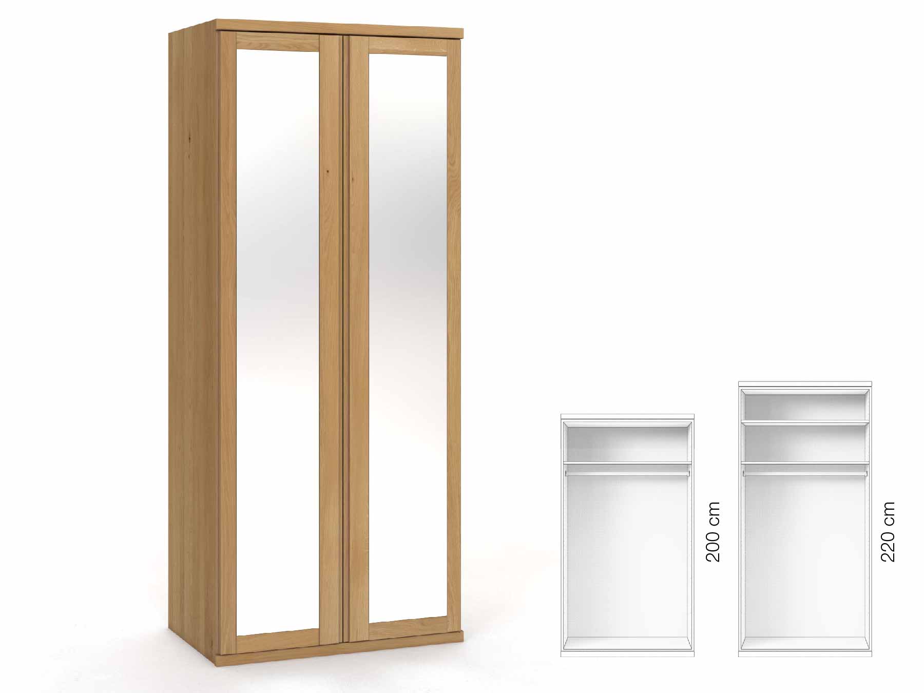 Eichenschrank Hell „Sandra“, 2-türig, Höhe 220 cm, Griffausführung „Patrizia“, Inneneinrichtung: A