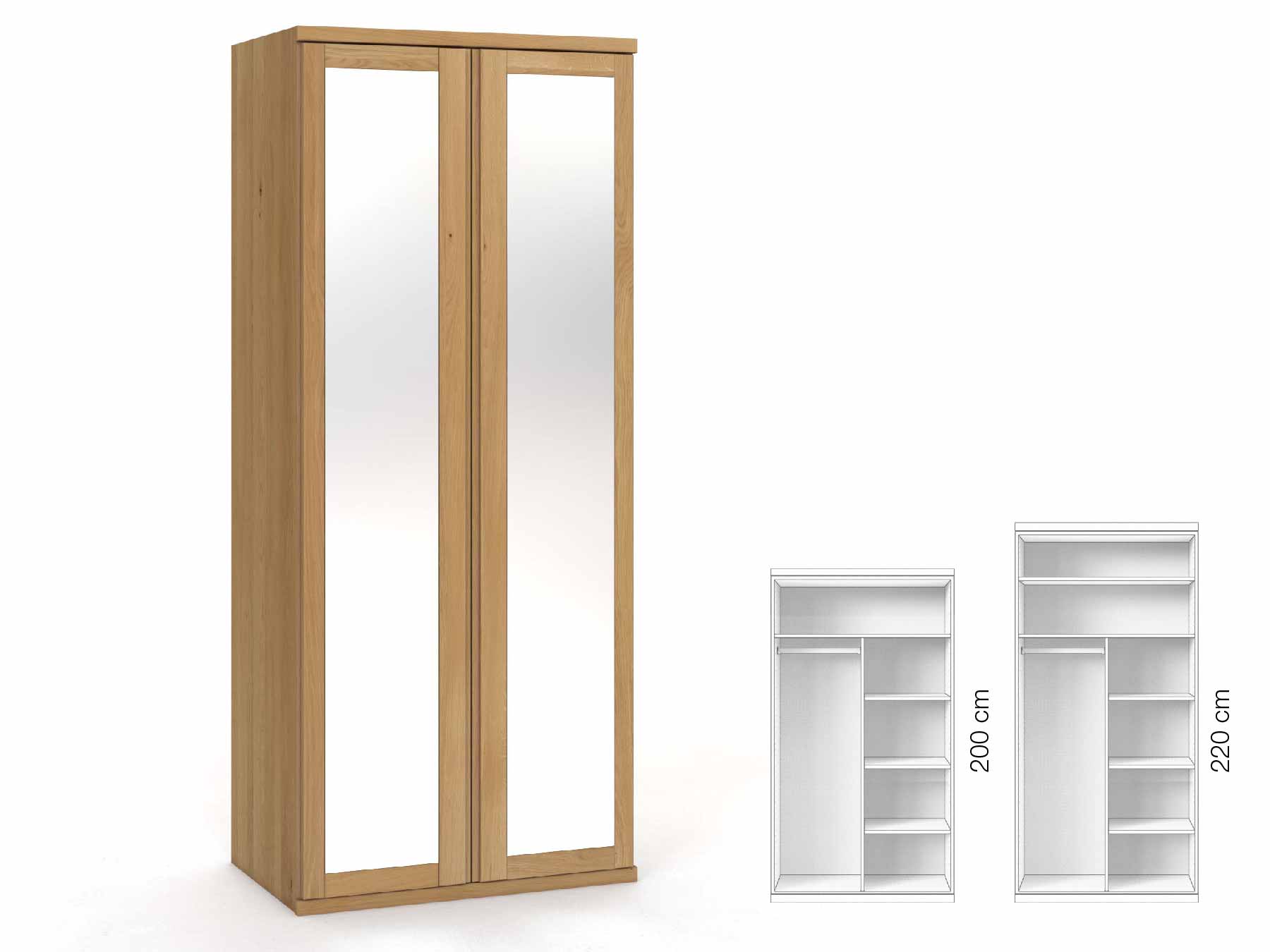 Eichenschrank Hell „Sandra“, 2-türig, Höhe 220 cm, Griffausführung „Patrizia“, Inneneinrichtung: B