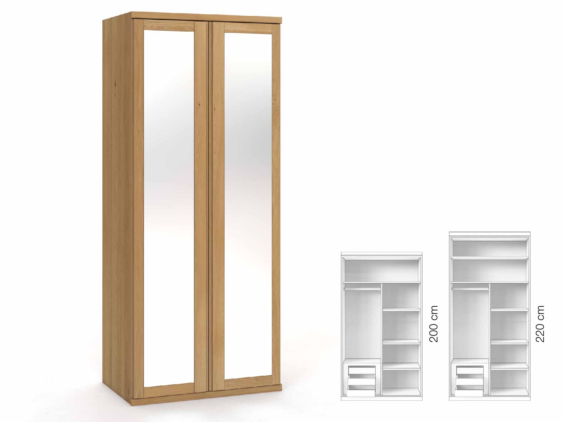 Eichenschrank Hell „Sandra“, 2-türig, Höhe 220 cm, Griffausführung „Patrizia“, Inneneinrichtung: C