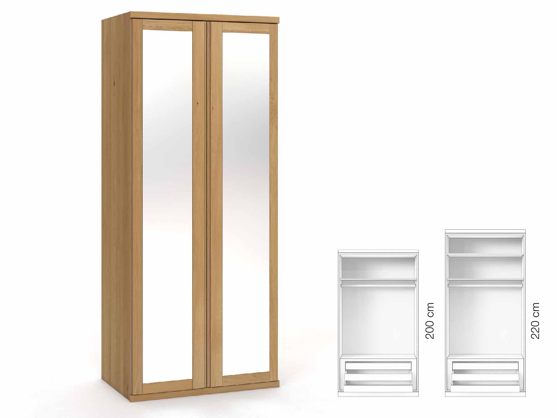 Eichenschrank Hell „Sandra“, 2-türig, Höhe 220 cm, Griffausführung „Patrizia“, Inneneinrichtung: D