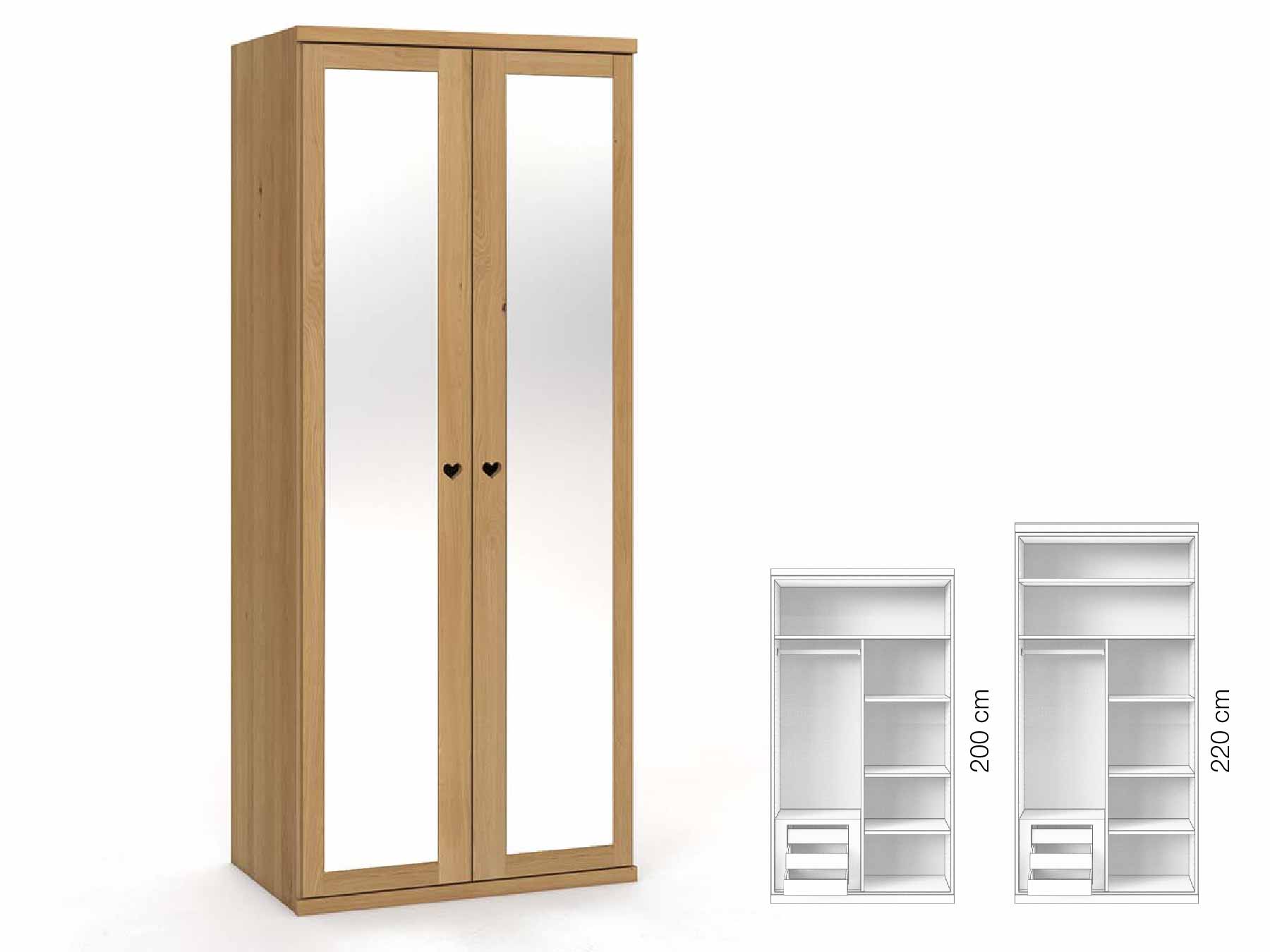 Eichenschrank Hell „Sandra“, 2-türig, Höhe 220 cm, Griffausführung „Heidi“, Inneneinrichtung: C