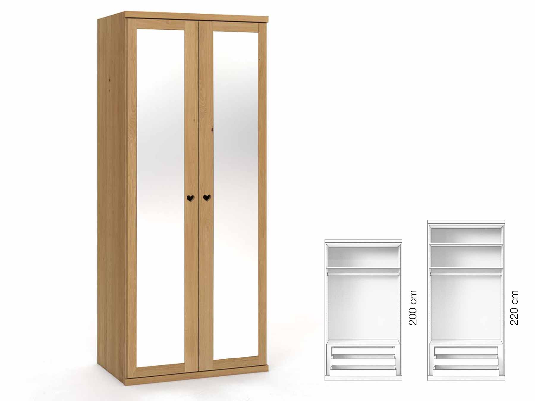 Eichenschrank Hell „Sandra“, 2-türig, Höhe 220 cm, Griffausführung „Heidi“, Inneneinrichtung: D